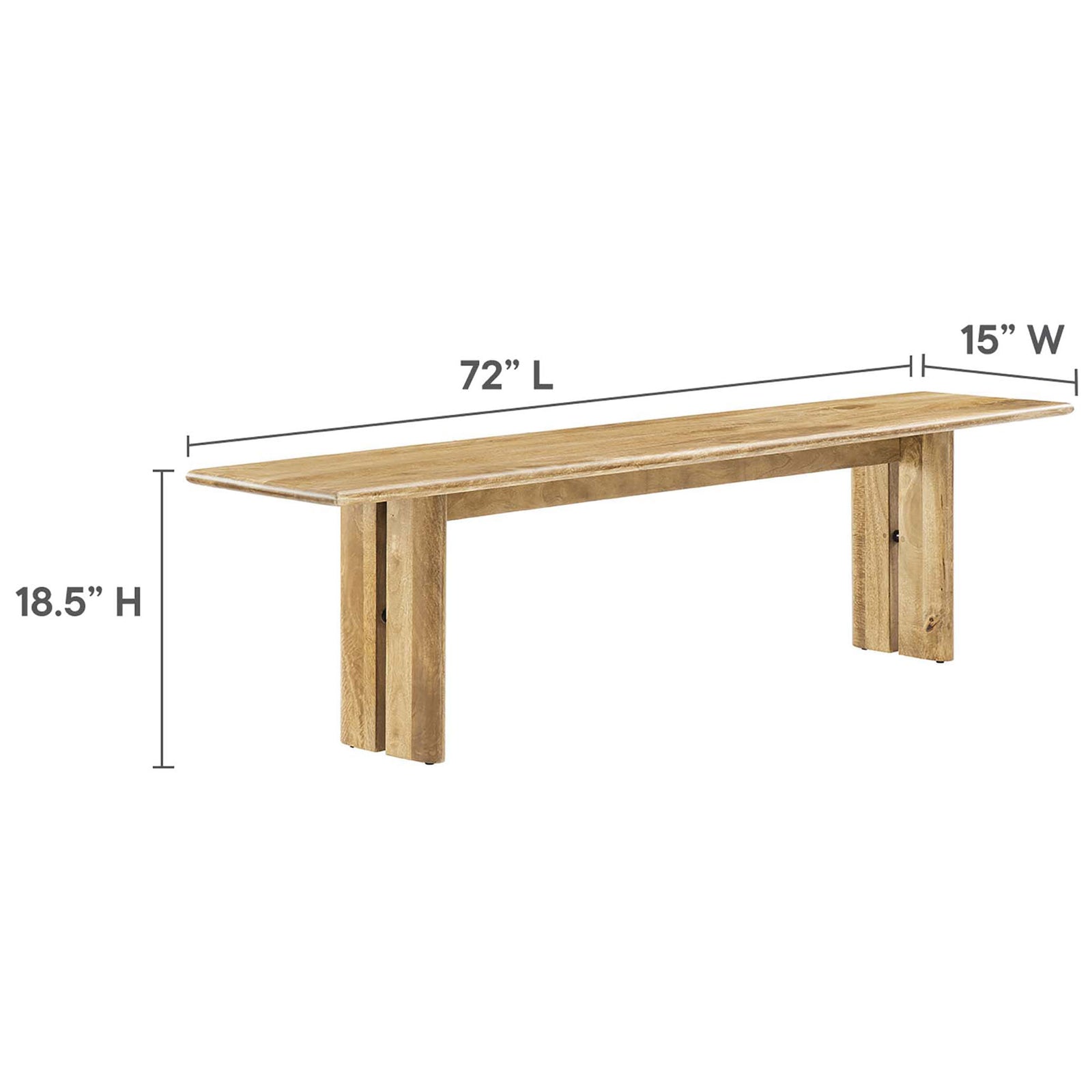 Bench dimensions labeled: 72 in L x 15 in W x 18.5 in H. || EEI-6345-OAK || dimension_studio