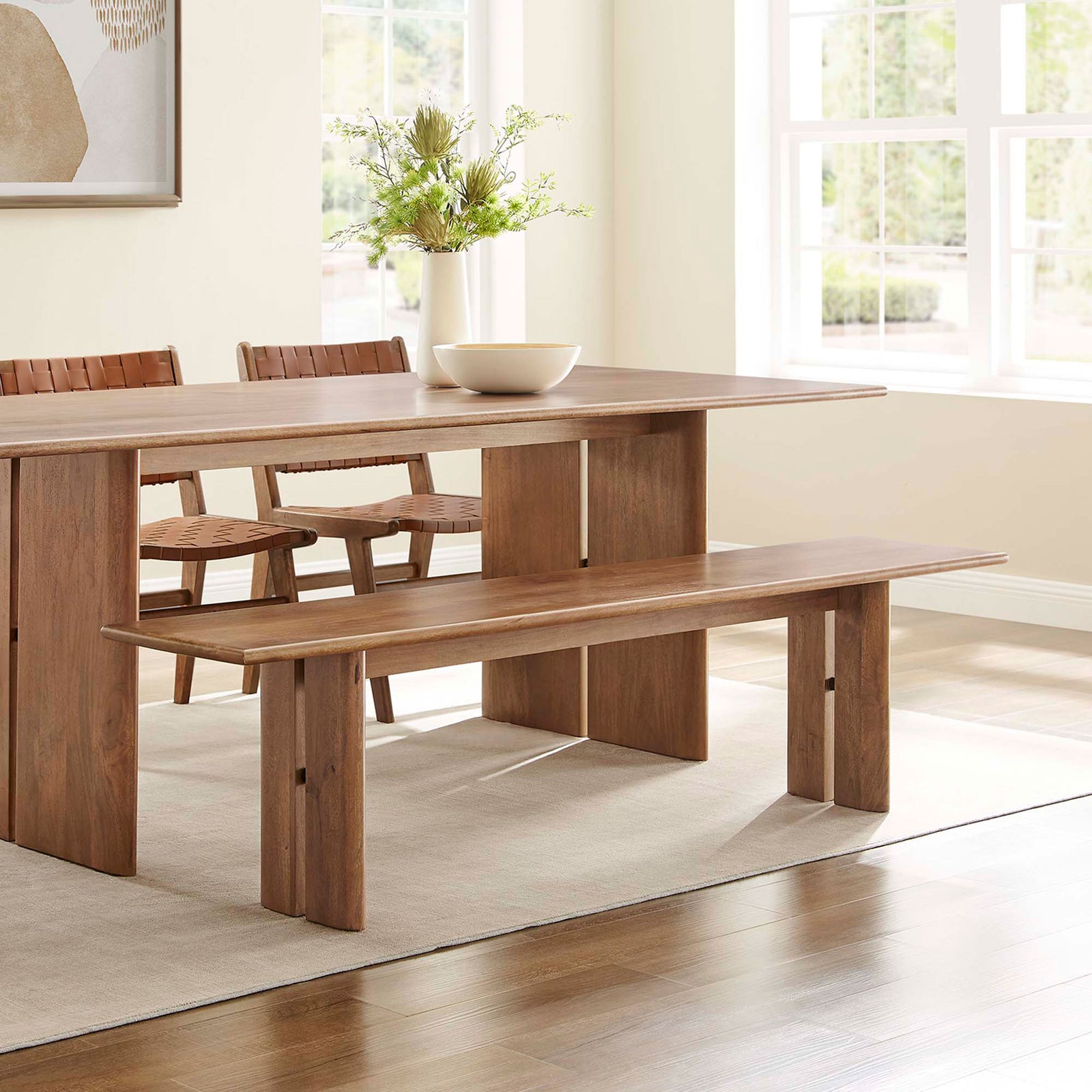 Extended bench length and rounded edges bring organic balance to modern decor. || EEI-6345-WAL || front_angle_room