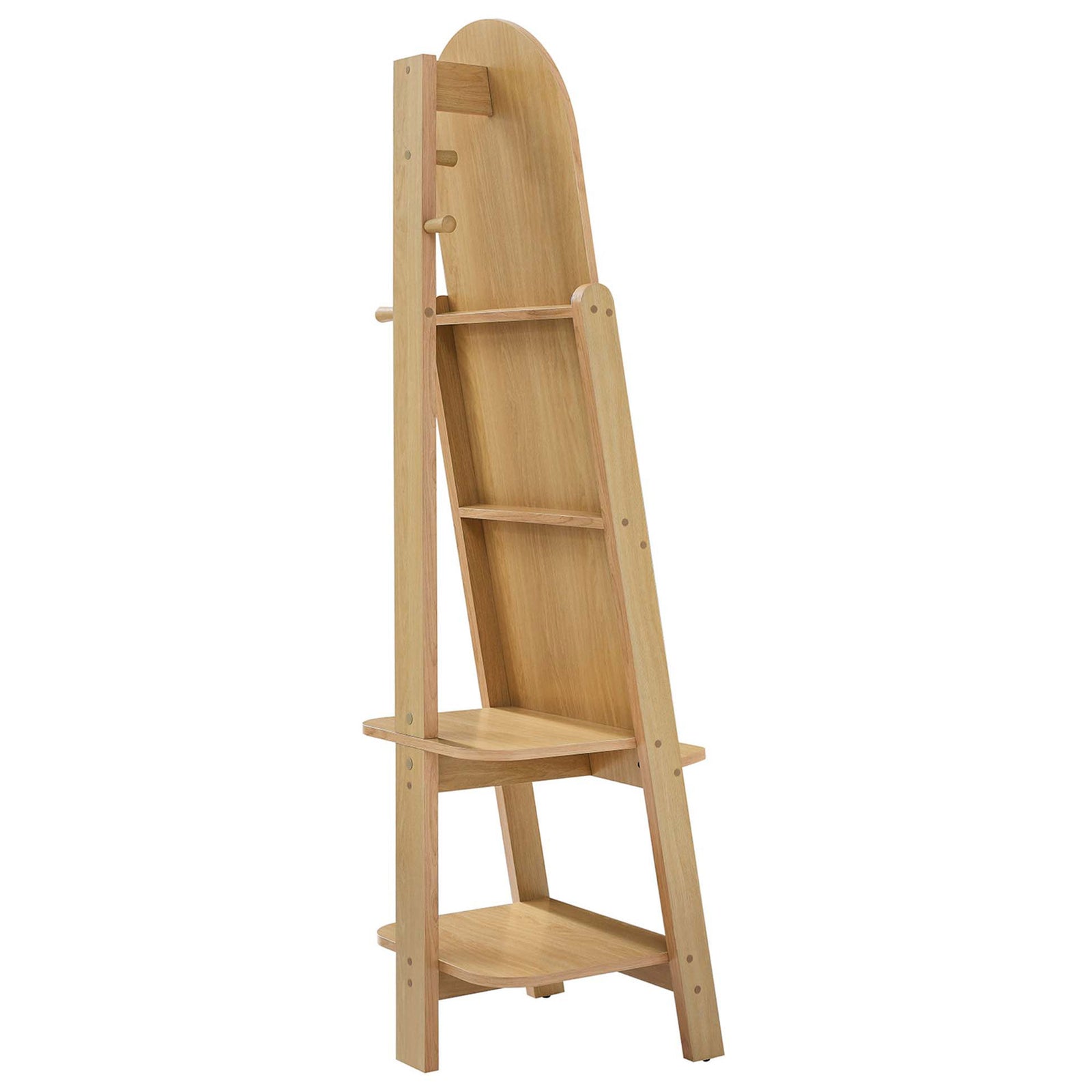 Back of oak standing mirror with two spacious shelves and three rounded hanging pegs || EEI-6346-OAK || back_angle_studio