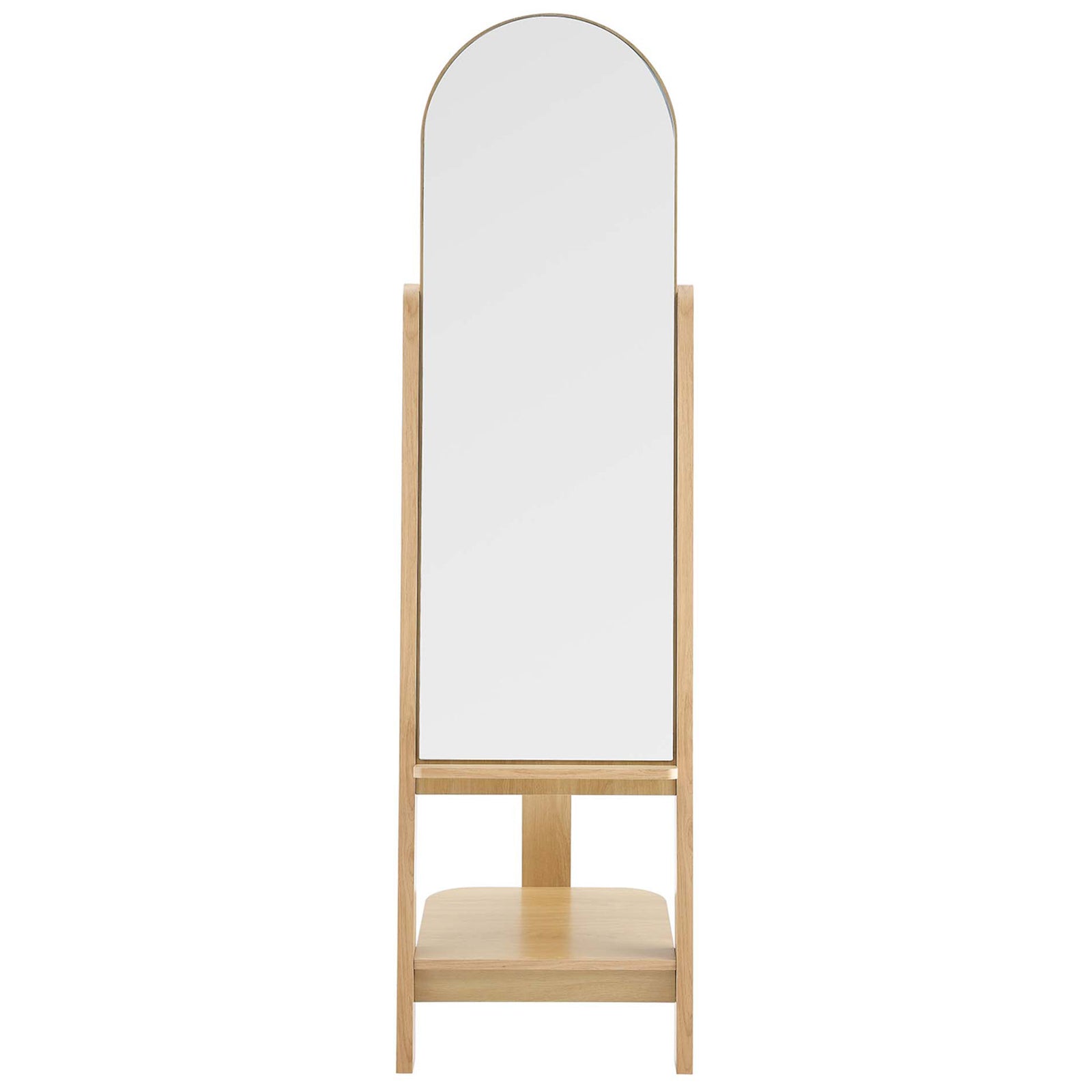 Full-length arched oak standing mirror with lower shelf for storage or display || EEI-6346-OAK || front_studio