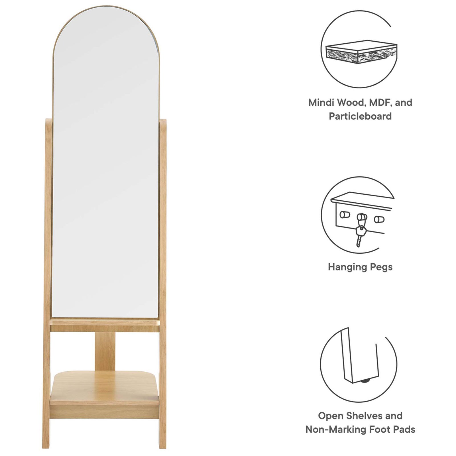 Feature callouts highlight materials, hanging pegs, open shelves, and non-marking foot pads || EEI-6346-OAK || callout_studio
