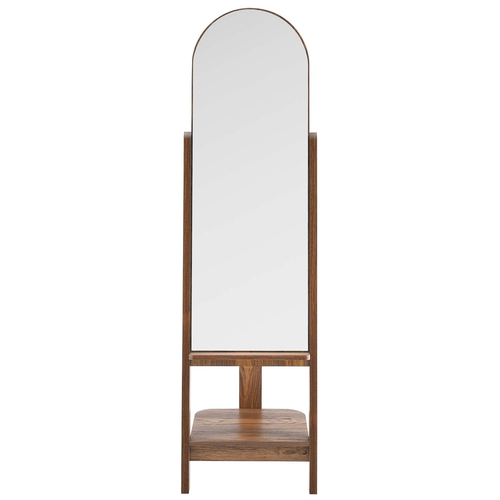 Walnut arched standing mirror with integrated shelves and pegs for stylish bedroom or entryway storage || EEI-6346-WAL || front_studio