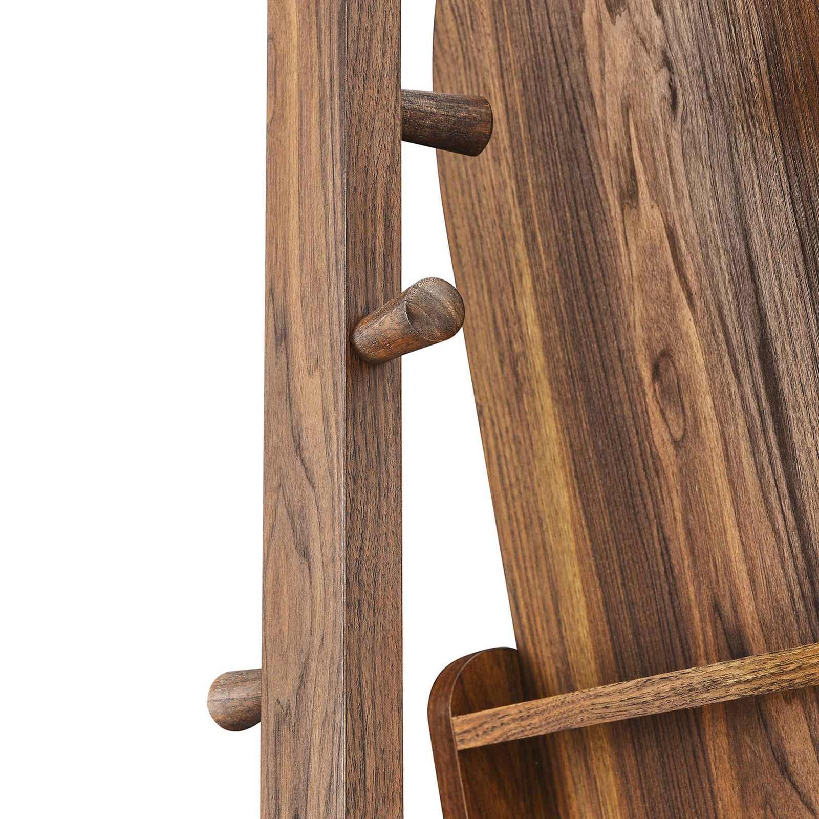Rounded wood pegs offer convenient hanging space while blending seamlessly with the warm walnut grain || EEI-6346-WAL || detail_studio