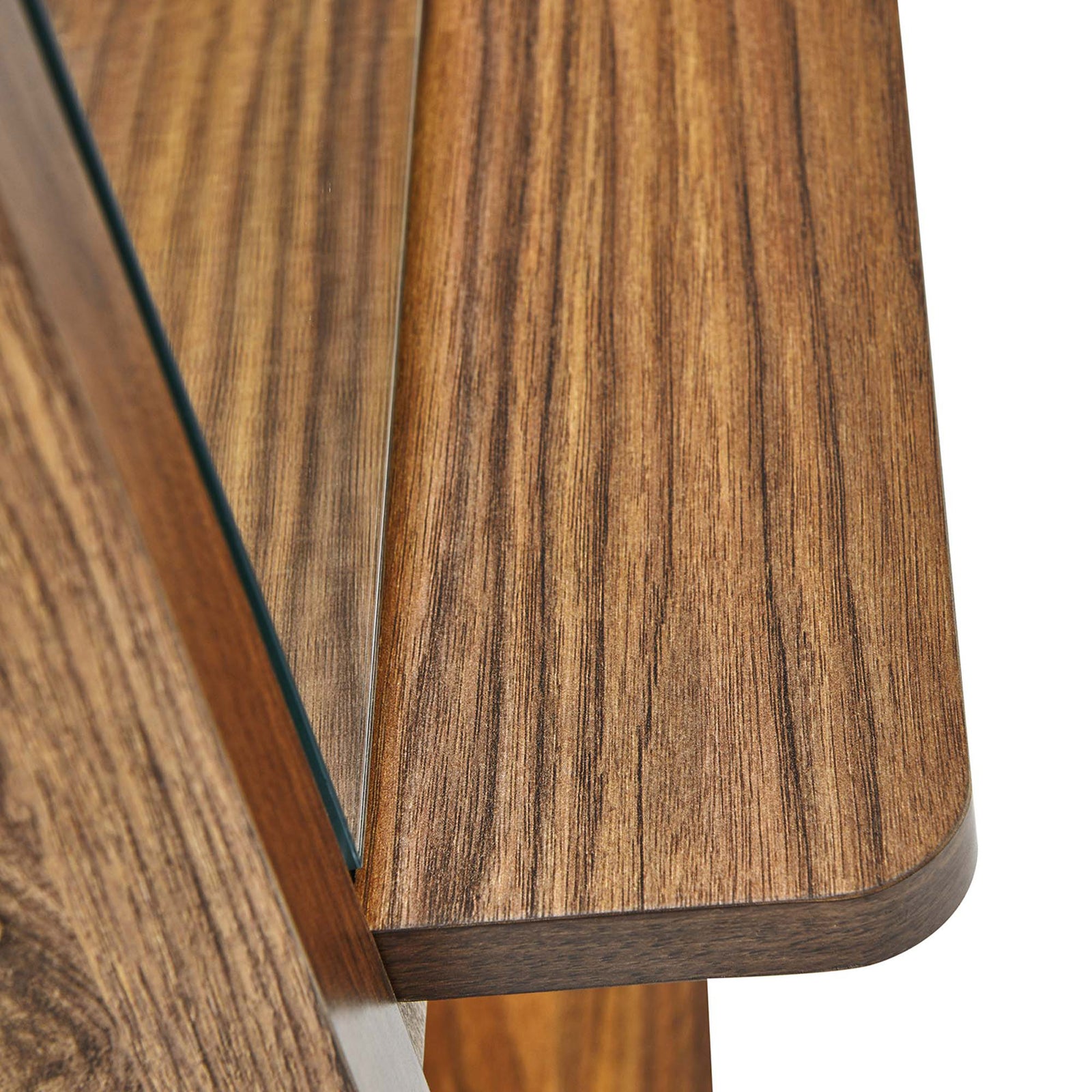 Smooth wood shelf with rich walnut grain adds natural warmth and display space beneath the full length mirror || EEI-6346-WAL || detail_studio