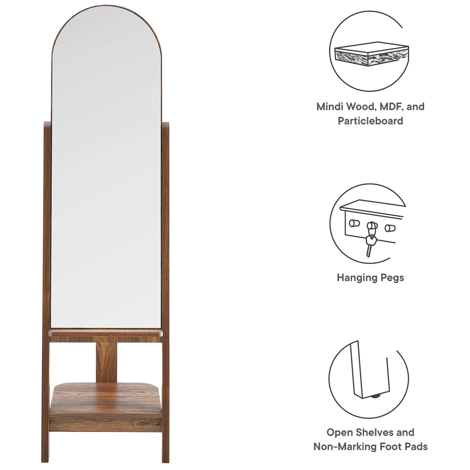Feature graphic highlights the mindi wood construction, hanging pegs, open shelves, and non-marking foot pads || EEI-6346-WAL || callout_studio