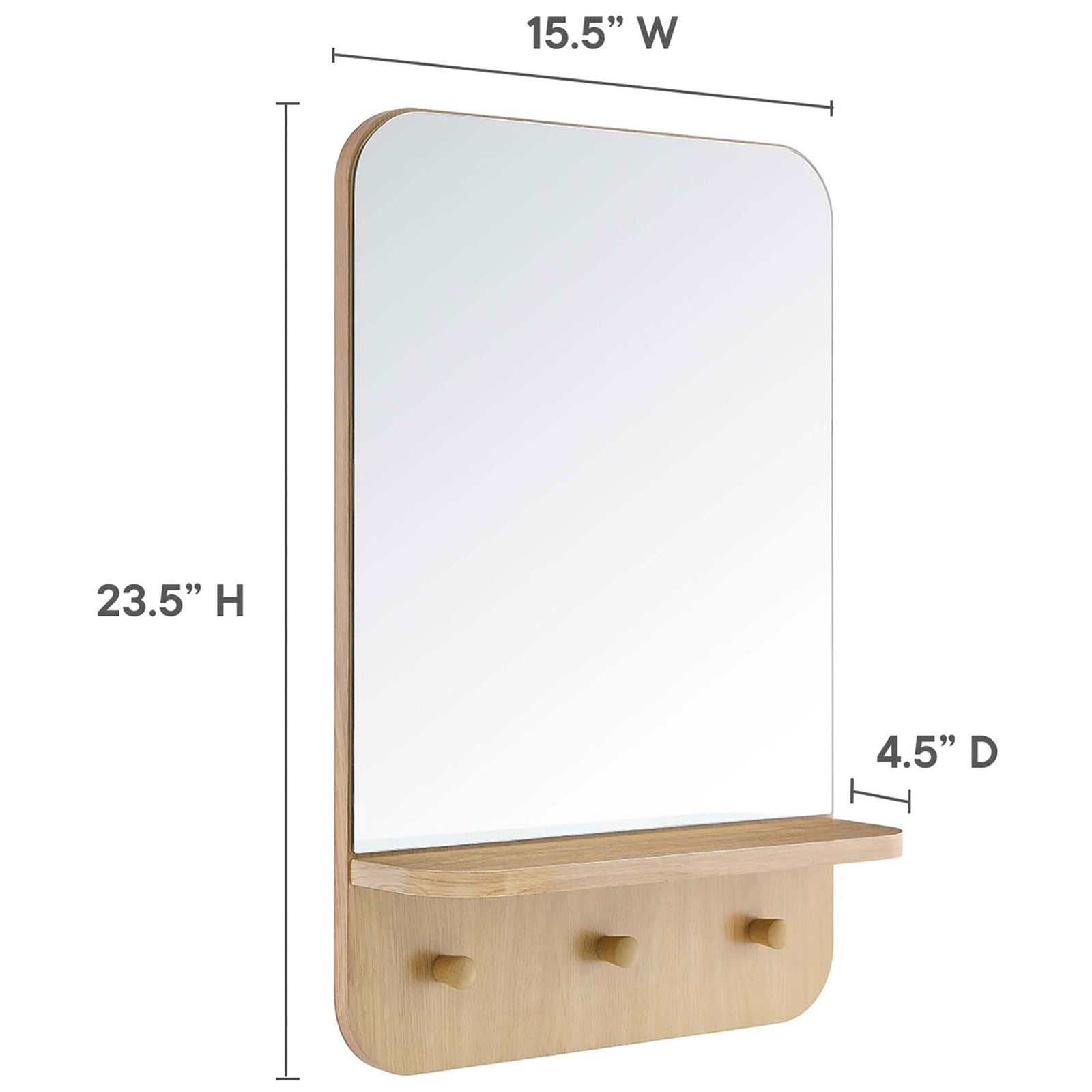 Size guide for the Lumina oak wall mirror with shelf and pegs for compact entryway spaces || EEI-6348-OAK || dimension_studio