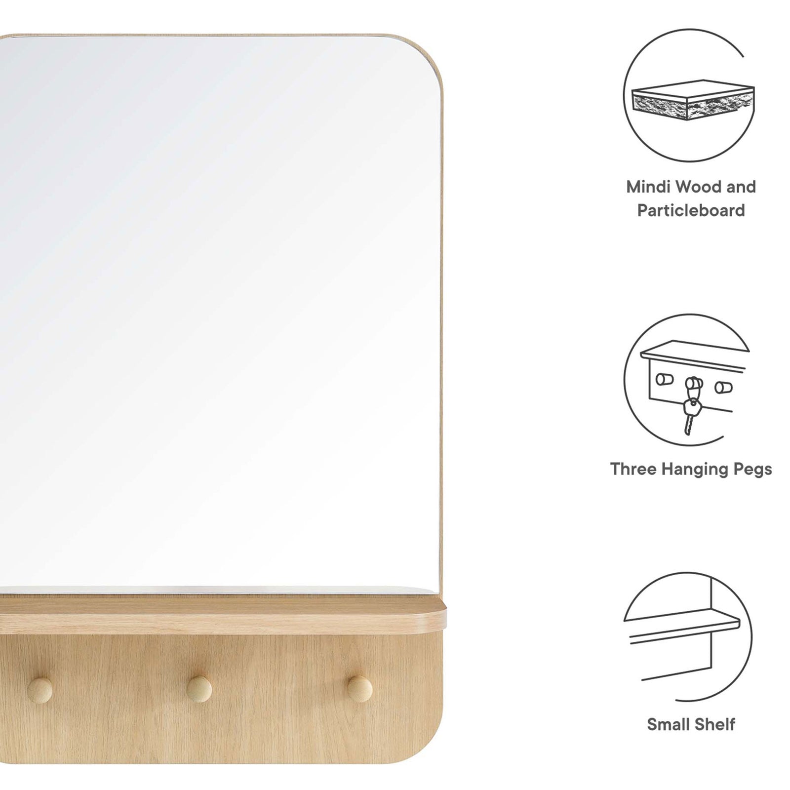 Feature highlights of the Lumina oak mirror including wood construction, three pegs, and compact shelf || EEI-6348-OAK || callout_studio