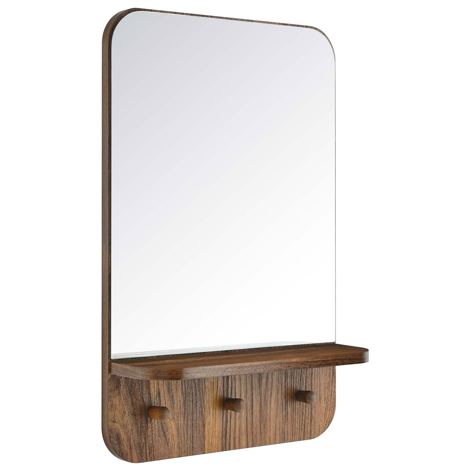 Walnut-finished Lumina mirror with integrated shelf and pegs bringing warm modern character to walls || EEI-6348-WAL || front_angle_studio