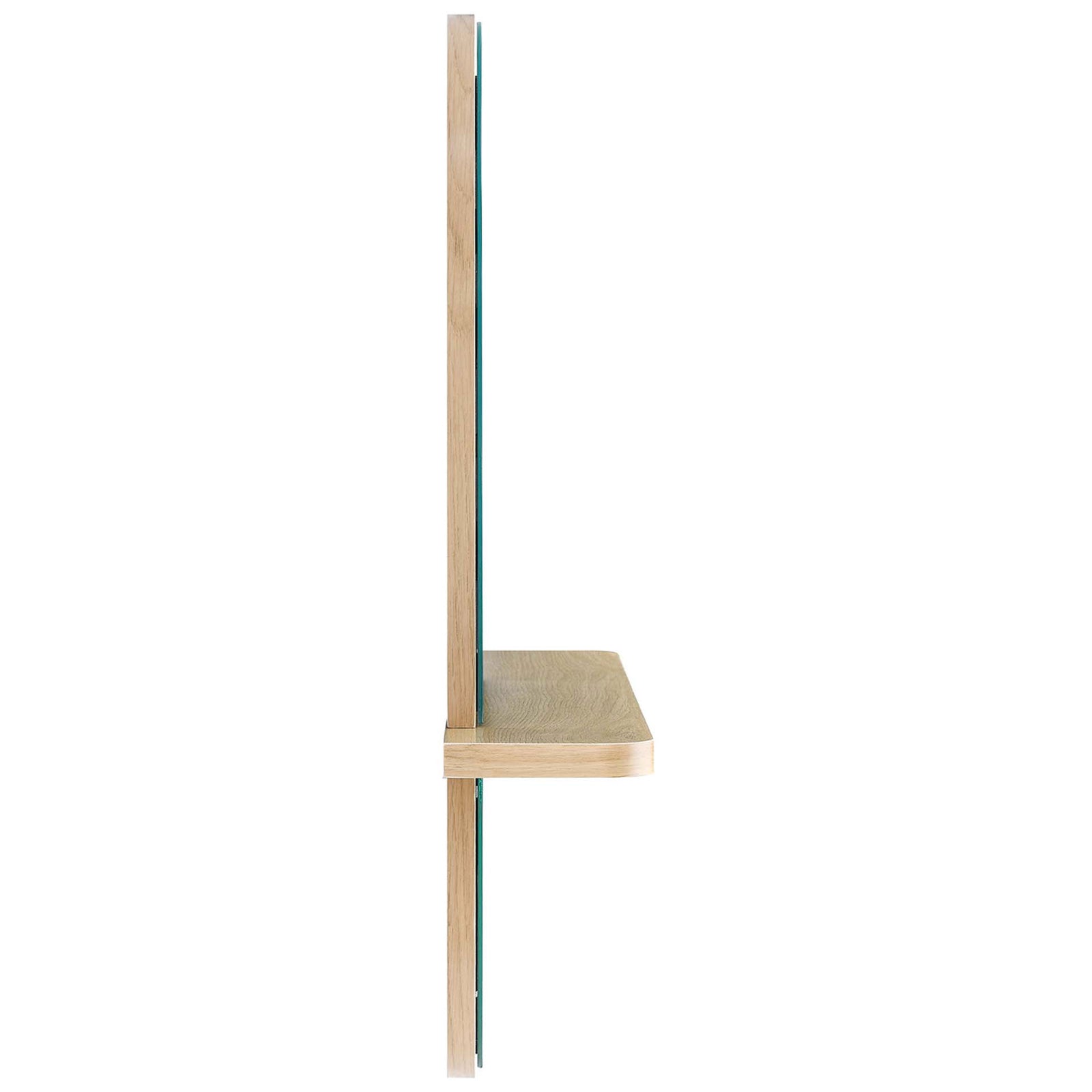 Oak mirror showing the thin frame depth and shallow floating shelf projection. || EEI-6349-OAK || side_studio
