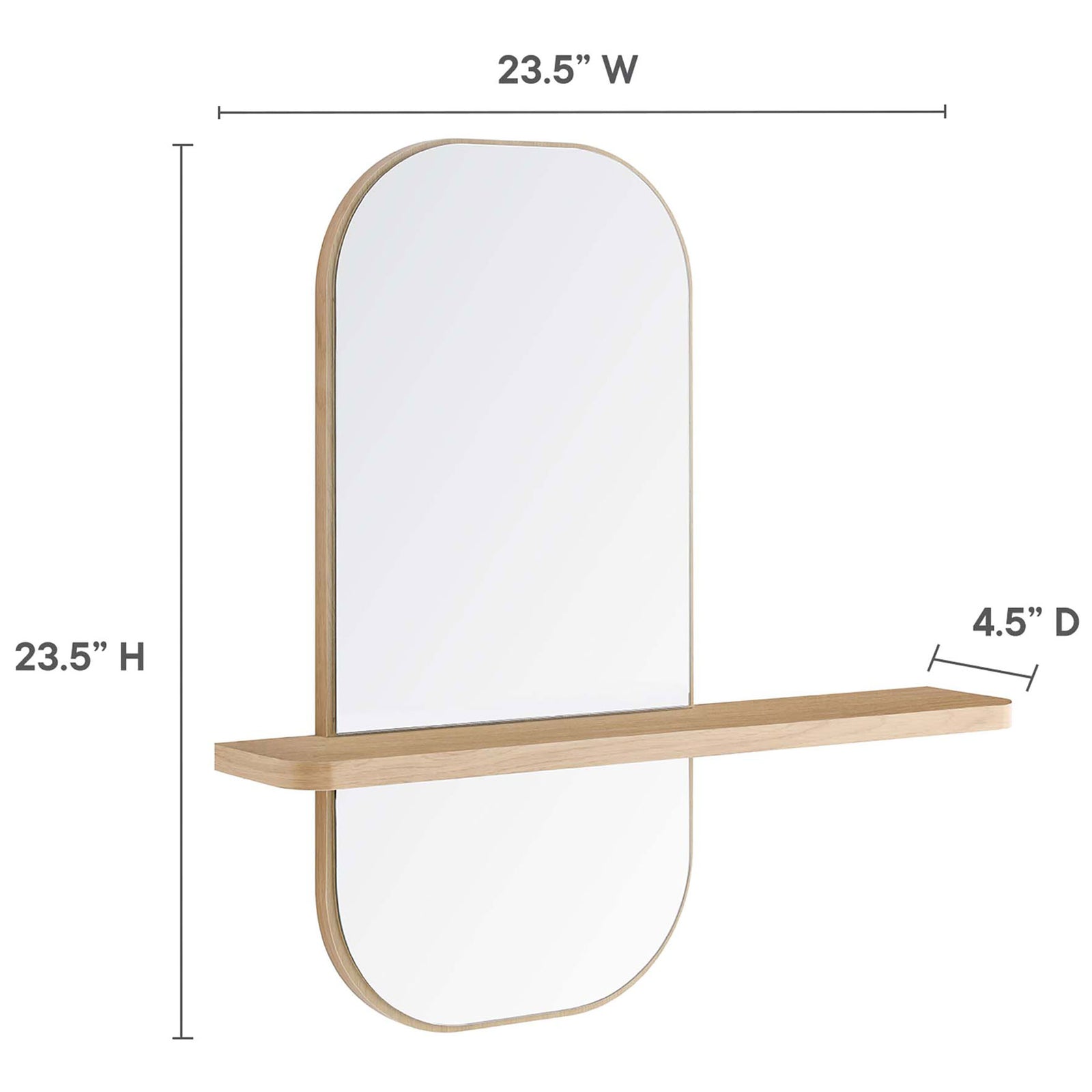Graphic with overall dimensions for the oak Solstice mirror with integrated shelf. || EEI-6349-OAK || dimension_studio