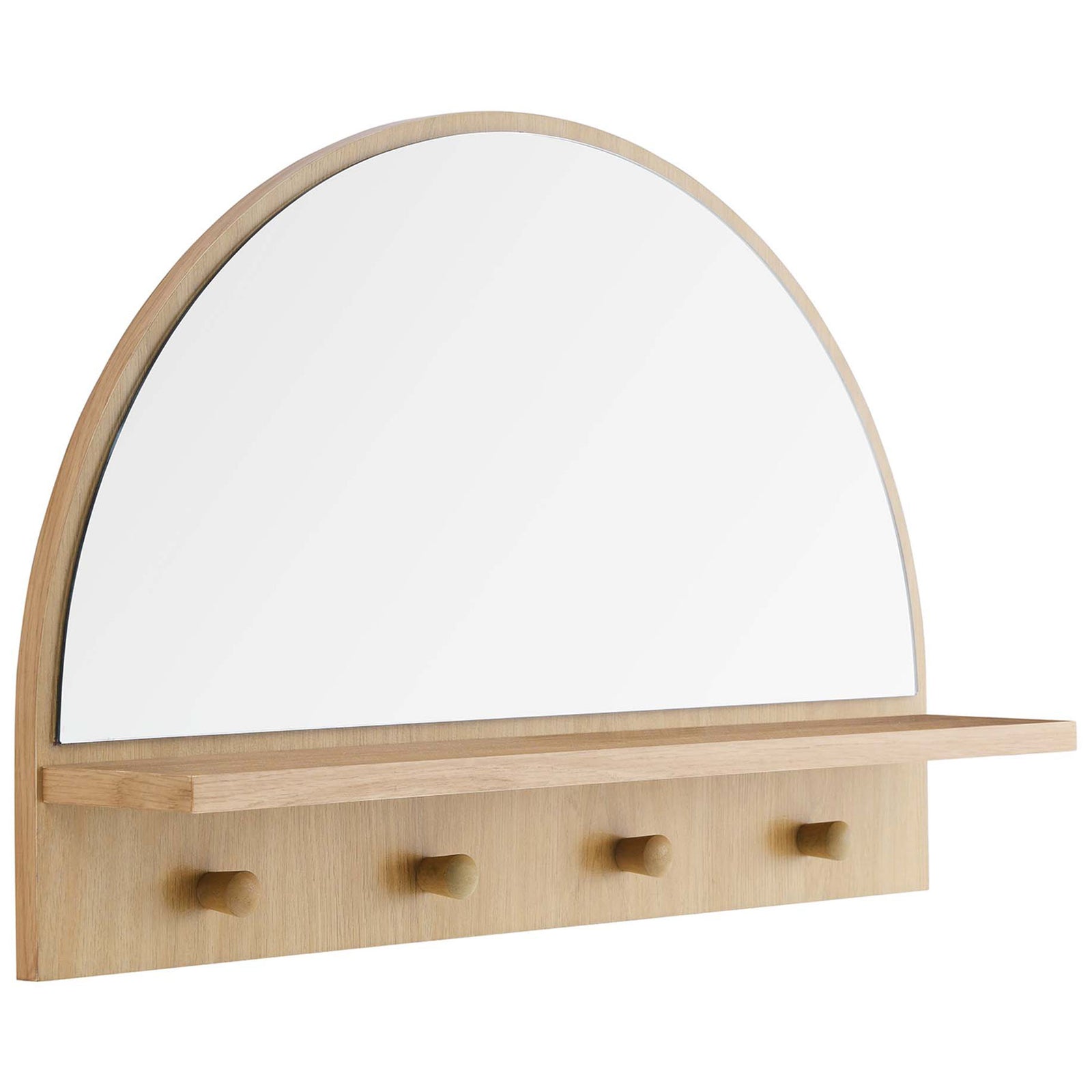 Arched oak wall mirror with slim shelf and four pegs adds modern warmth and entryway storage || EEI-6350-OAK || front_angle_studio