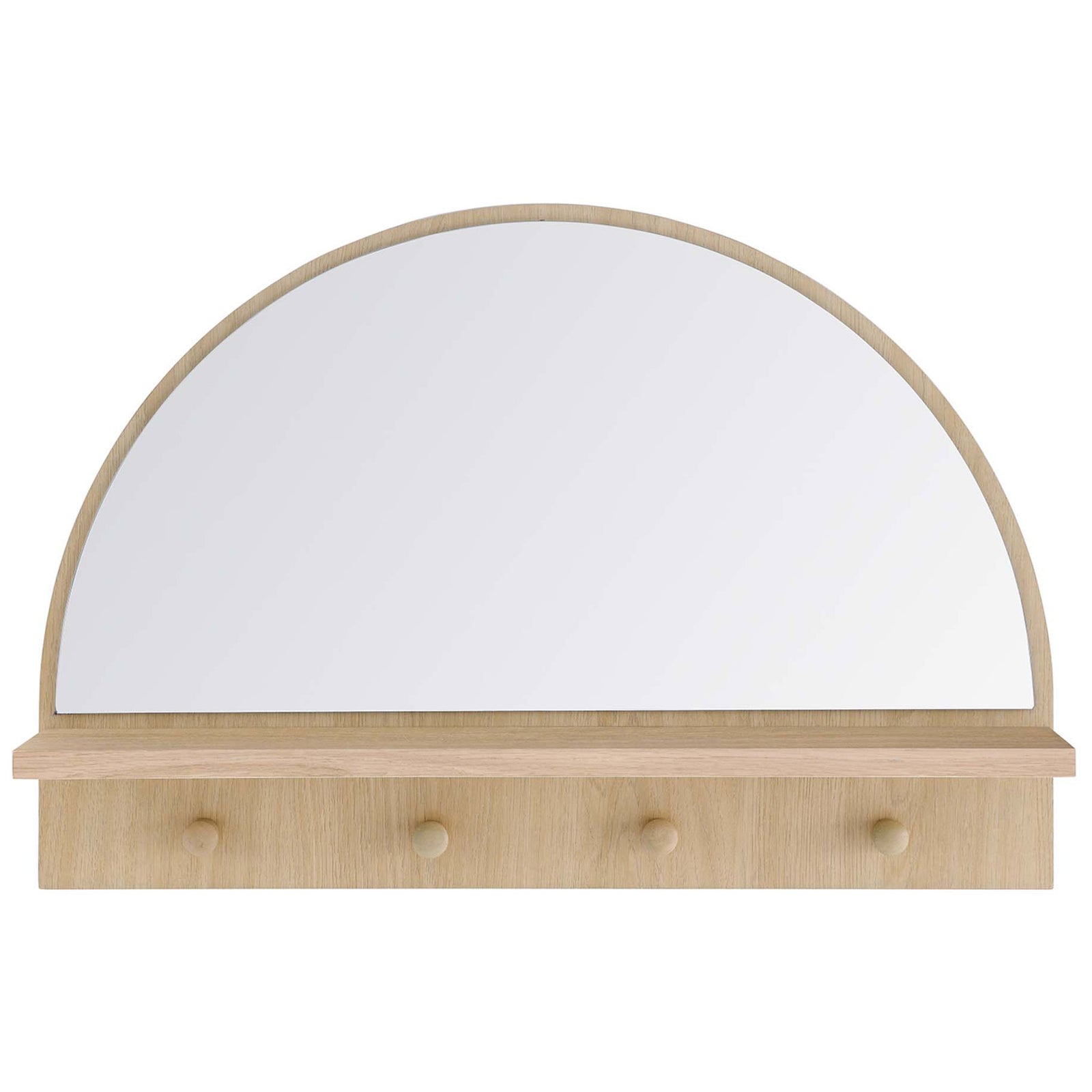 Half-circle oak mirror with integrated shelf and four pegs offers stylish storage || EEI-6350-OAK || front_studio