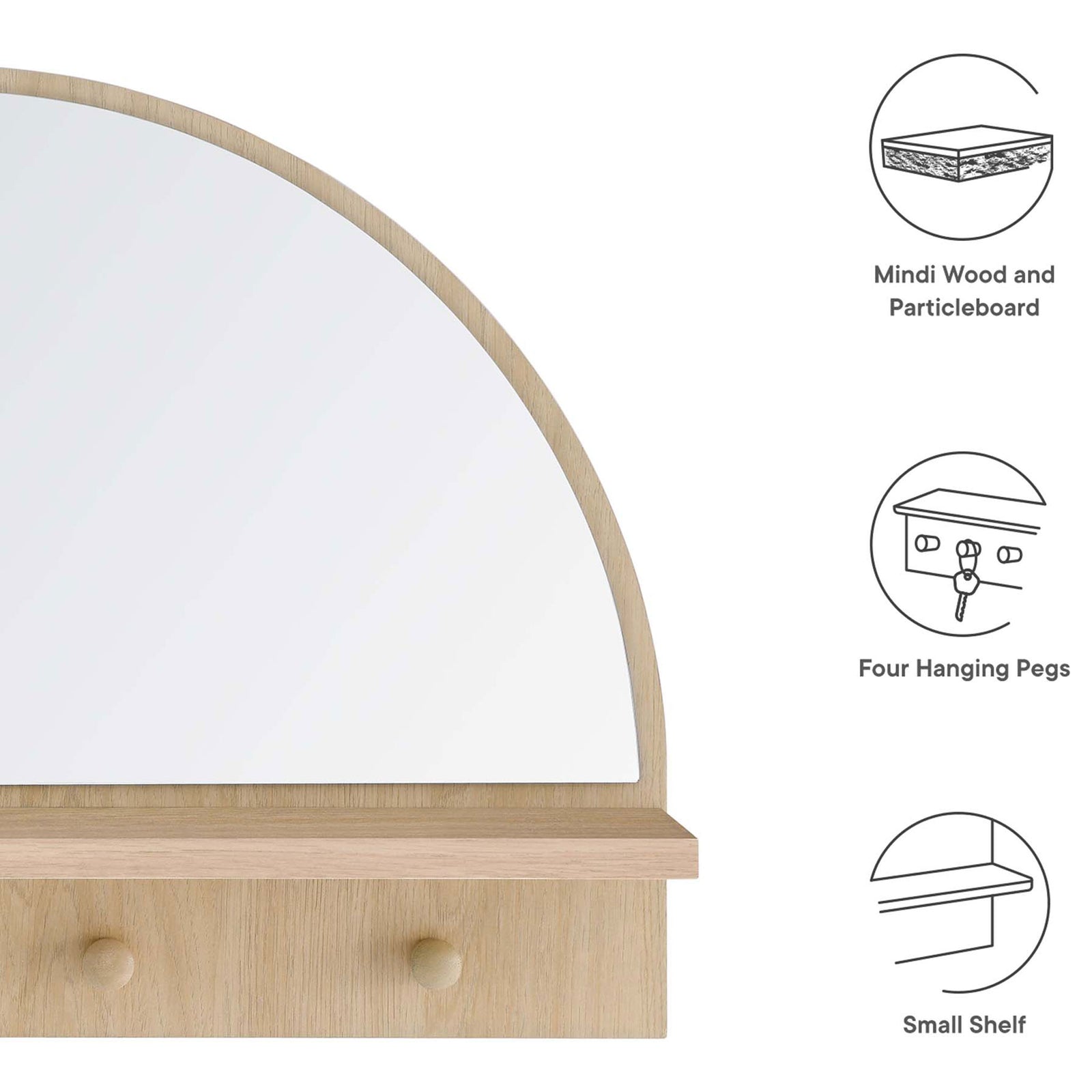 Key Moonbeam oak mirror features include mindi wood, four hanging pegs, and a handy shelf || EEI-6350-OAK || callout_studio