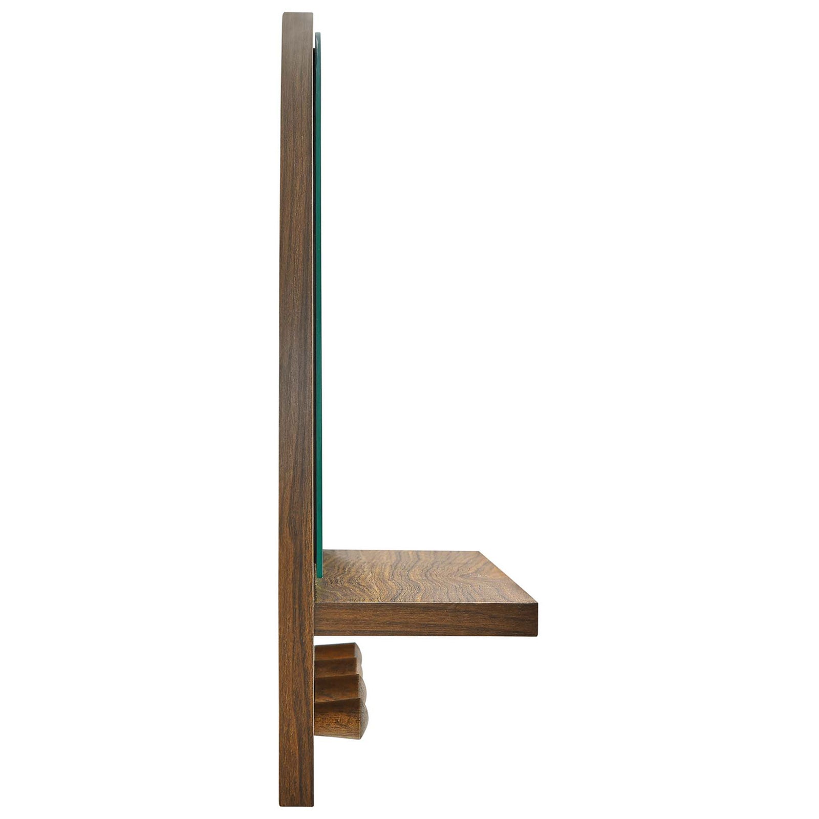 Streamlined walnut mirror profile with floating shelf and pegs saves space in busy areas || EEI-6350-WAL || side_studio