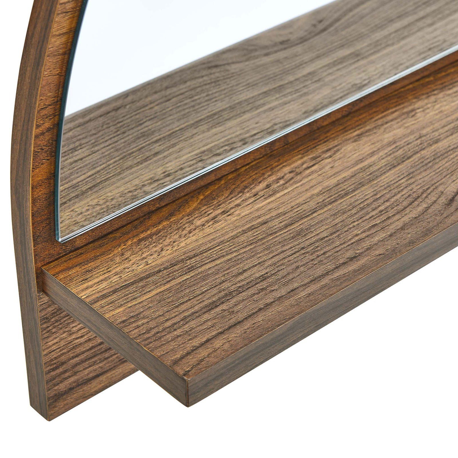 Walnut wood grain shelf and smooth mirror edge highlight the Moonbeam mirror's rich finish || EEI-6350-WAL || swatch_studio