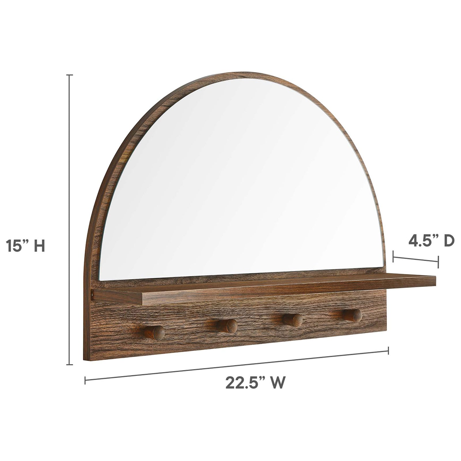 Moonbeam walnut arched mirror with shelf and four pegs shown with dimensions for planning || EEI-6350-WAL || dimension_studio