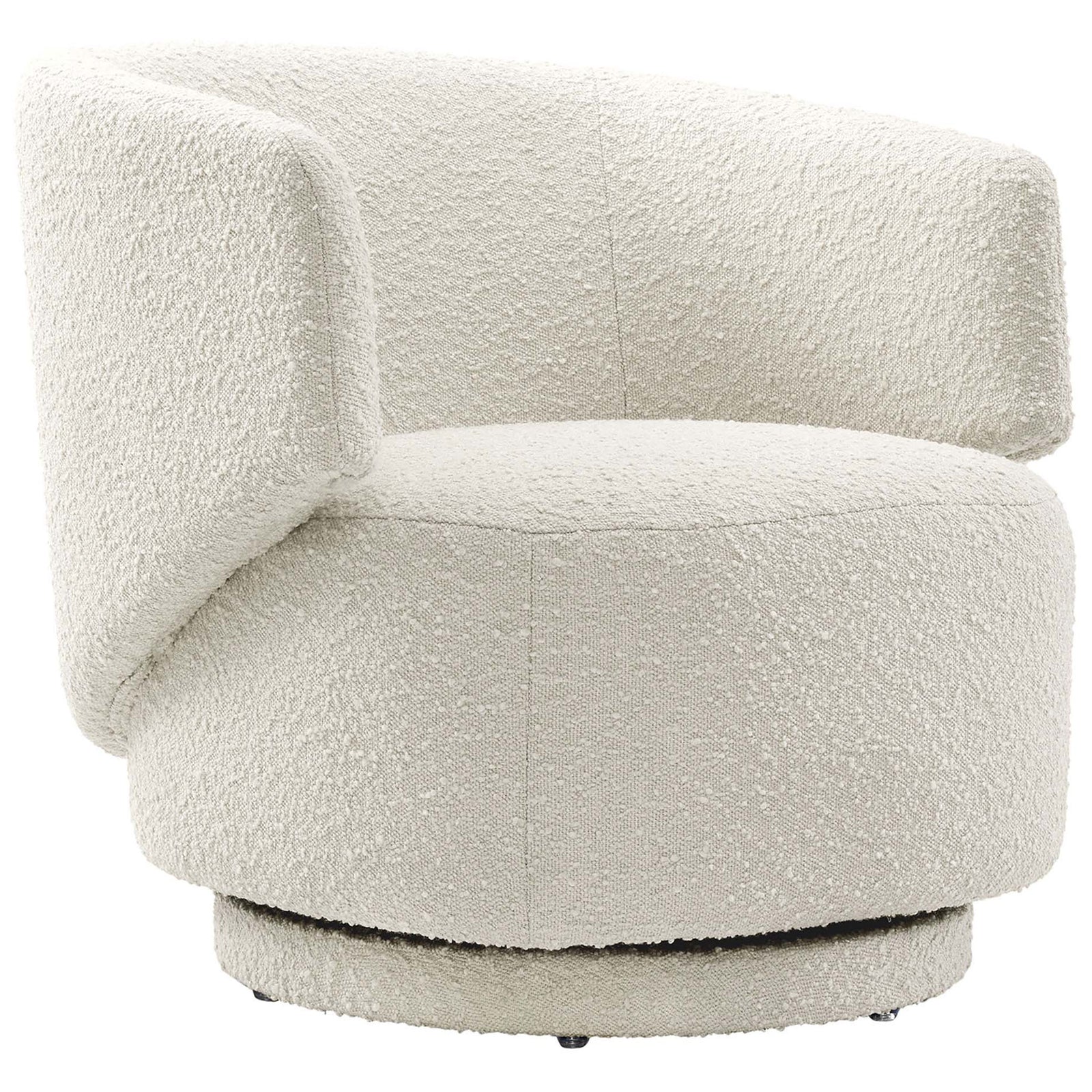 Sculptural accent chair in boucle upholstery, showcasing its asymmetrical arm and rounded seat. || EEI-6357-IVO || front_angle_studio