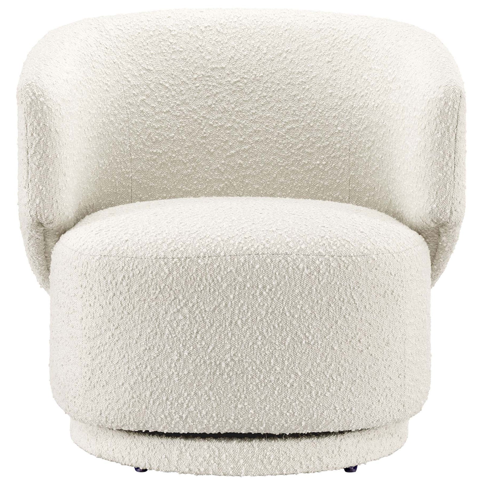 Ivory boucle swivel chair with a curved back, supportive cushioning, and a smooth rotating base. || EEI-6357-IVO || front_studio