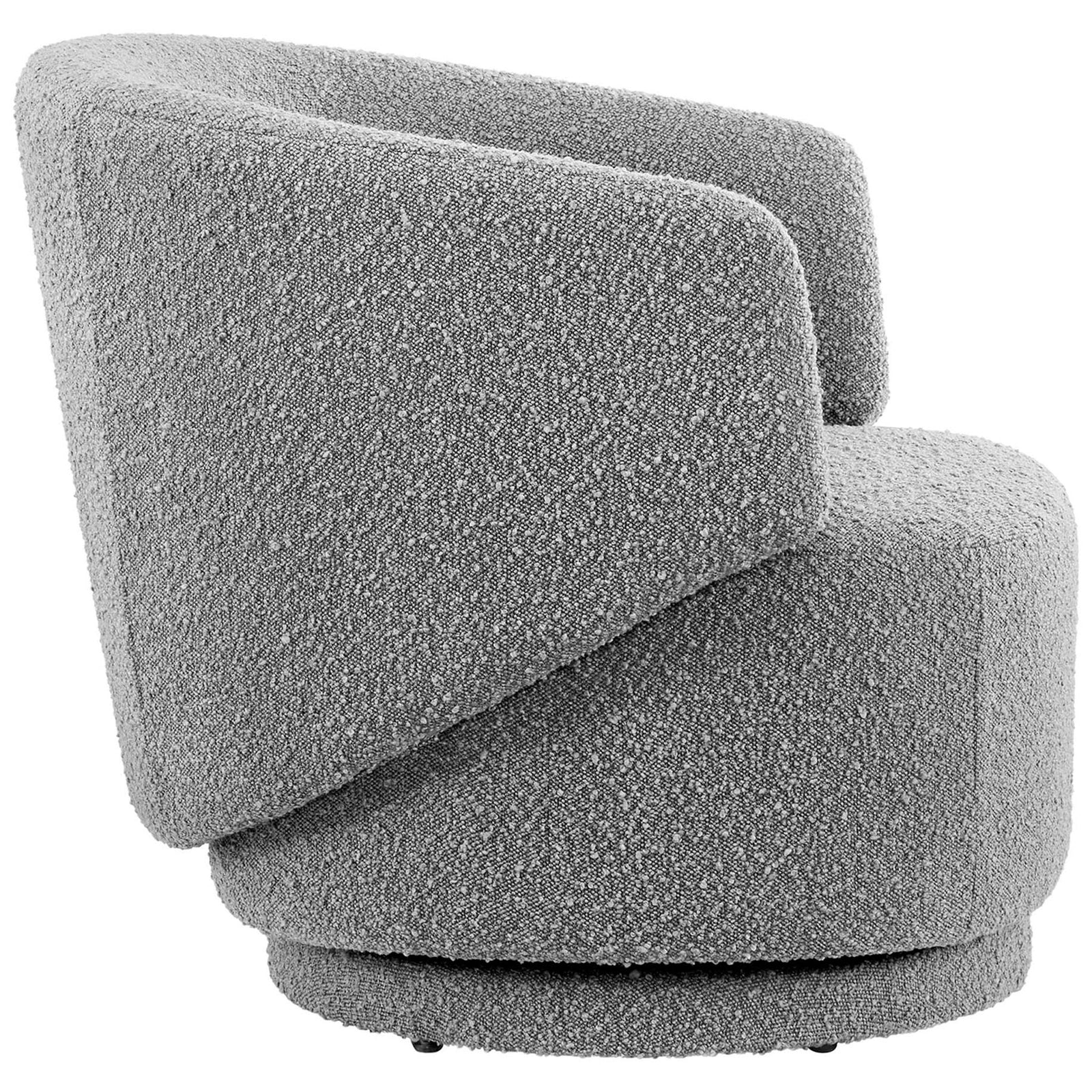 Angular wraparound back meets a generously cushioned round seat in soft light gray boucle || EEI-6357-LGR || side_studio