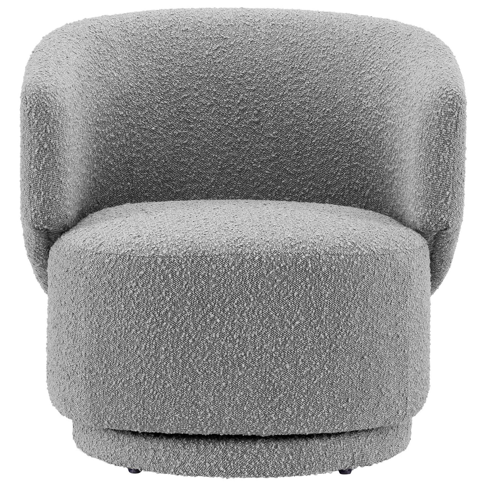 Curved boucle swivel chair in light gray with wraparound back and plush round seat || EEI-6357-LGR || front_studio