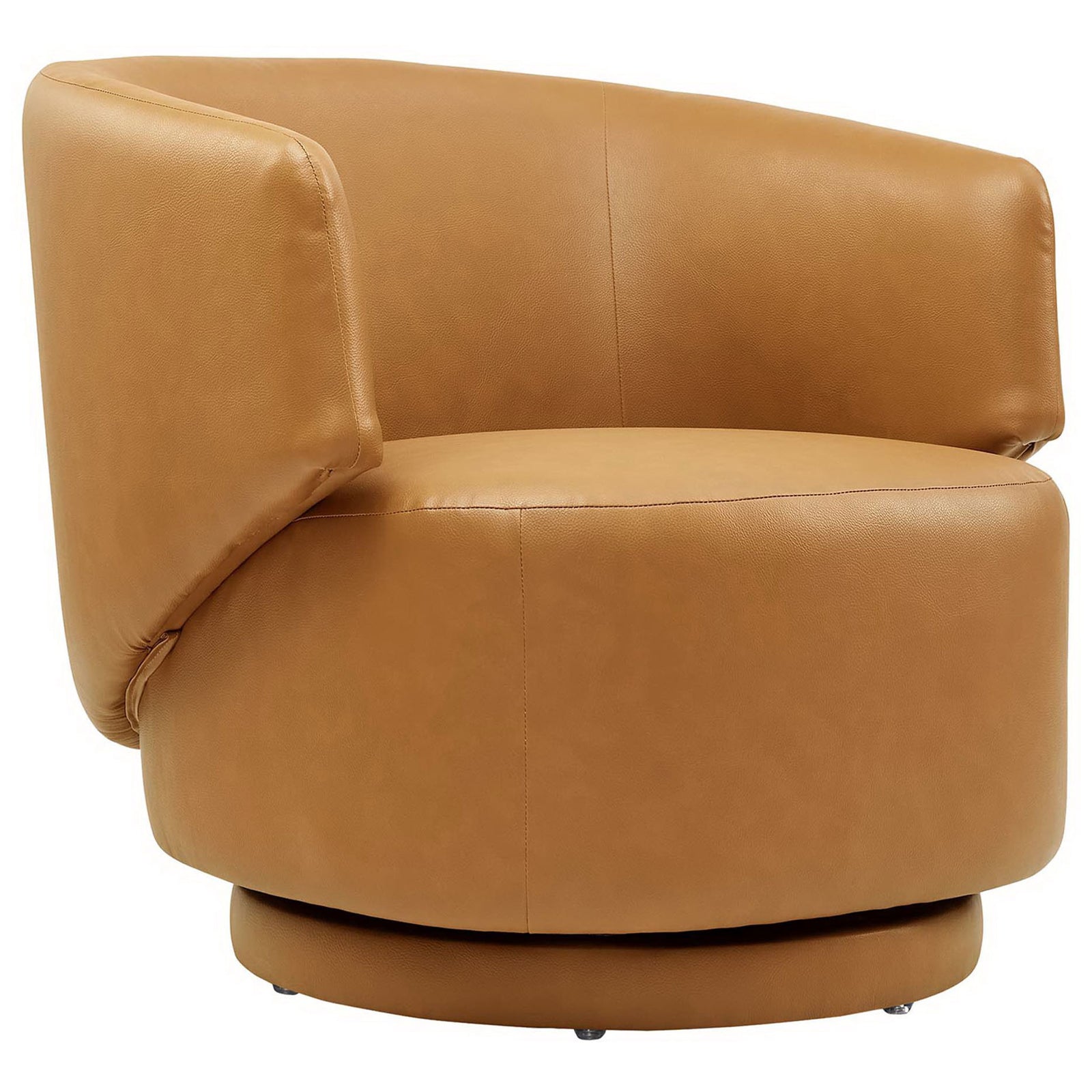 Curved-back tan vegan leather swivel chair with plush cushioning and a 360-degree base. || EEI-6358-TAN || front_angle_studio