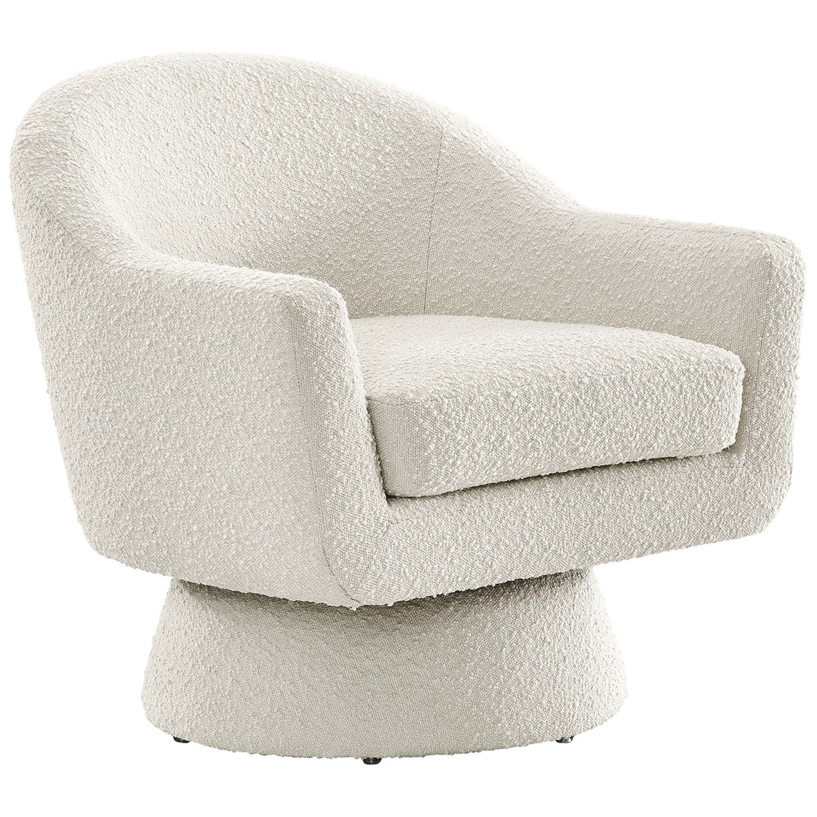 Ivory boucle swivel chair with curved arms and a tapered pedestal base for smooth 360-degree motion || EEI-6359-IVO || front_angle_studio