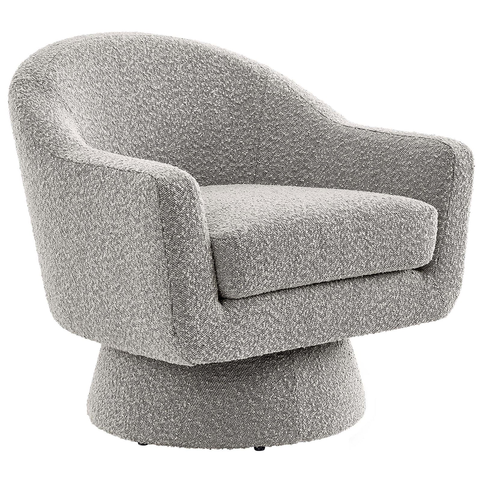 Curved taupe boucle swivel chair with plush cushion and tapered pedestal base. || EEI-6359-TAU || front_angle_studio