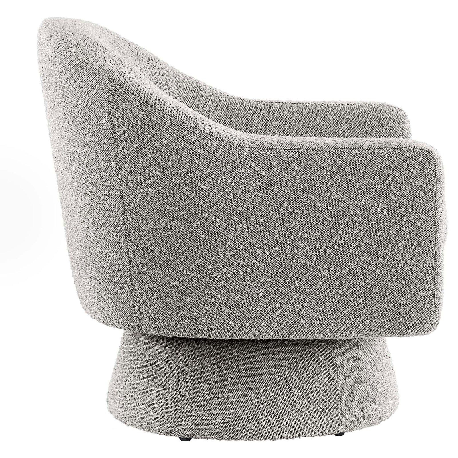Sculpted profile with sweeping arms and textured boucle upholstery on a swivel base. || EEI-6359-TAU || side_studio