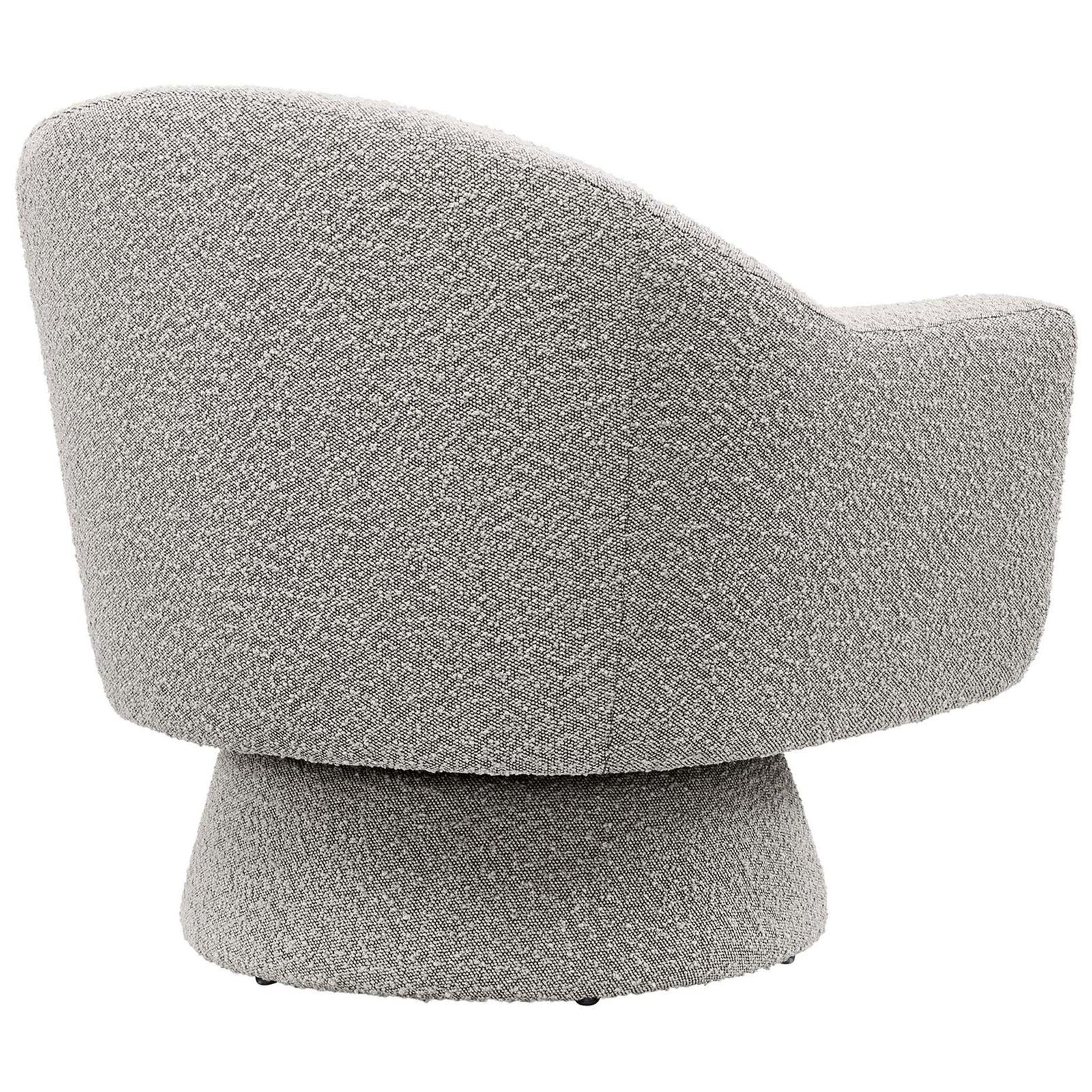Rounded back wrapped in cozy boucle, perched on a flared pedestal for smooth swivel. || EEI-6359-TAU || back_studio