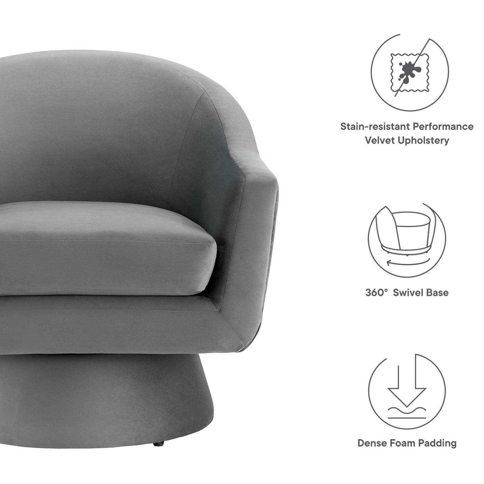 Key features: stain-resistant velvet, 360-degree swivel base, and dense foam padding || EEI-6360-GRY || callout_studio