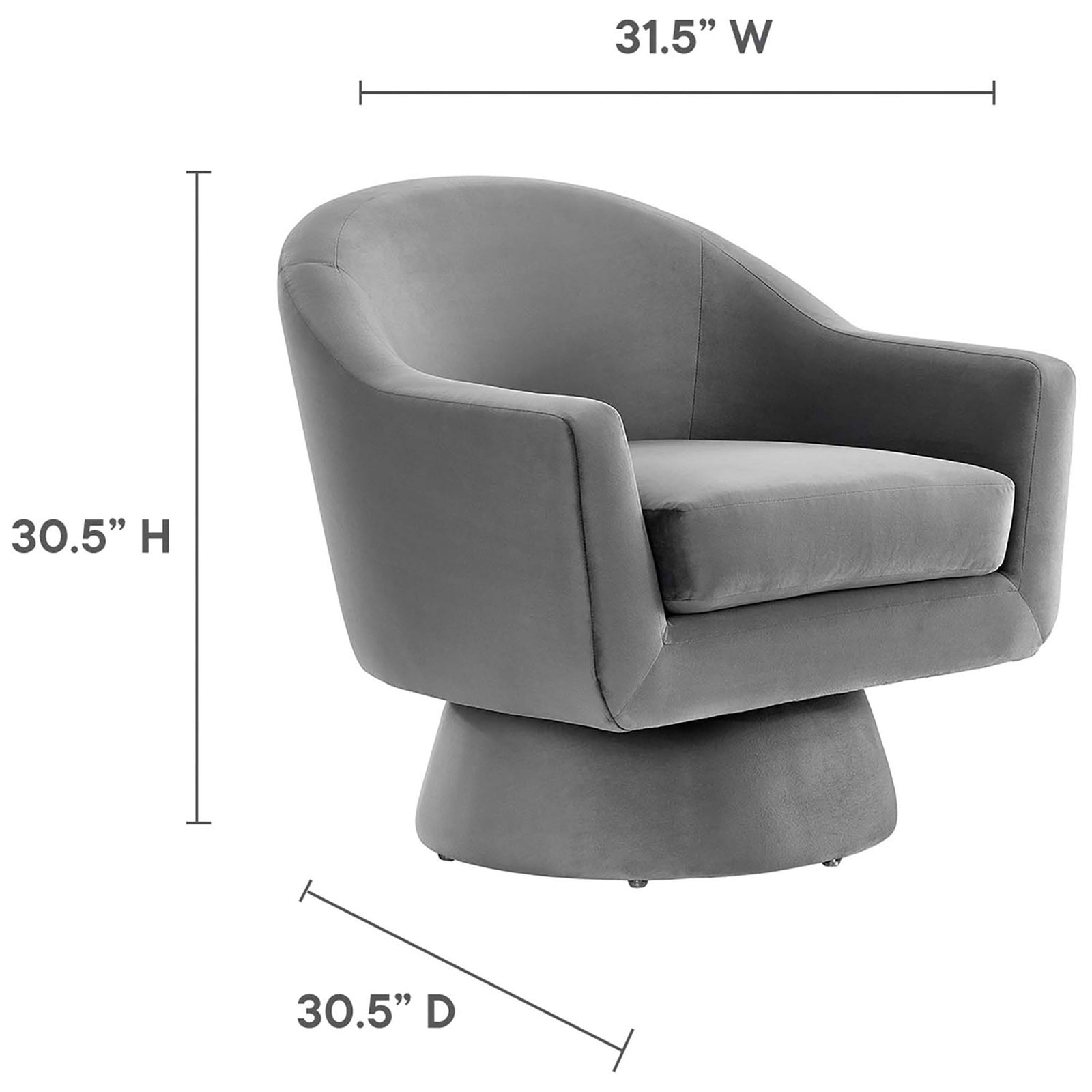 Compact swivel chair sized to fit living rooms and bedrooms || EEI-6360-GRY || dimension_studio