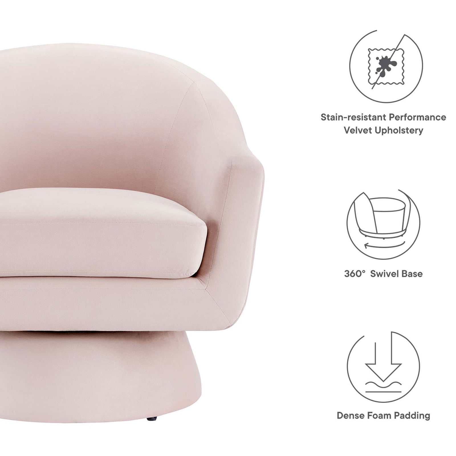 Stain-resistant performance velvet, dense foam cushioning, and a smooth 360-degree swivel for everyday comfort || EEI-6360-PNK || callout_studio