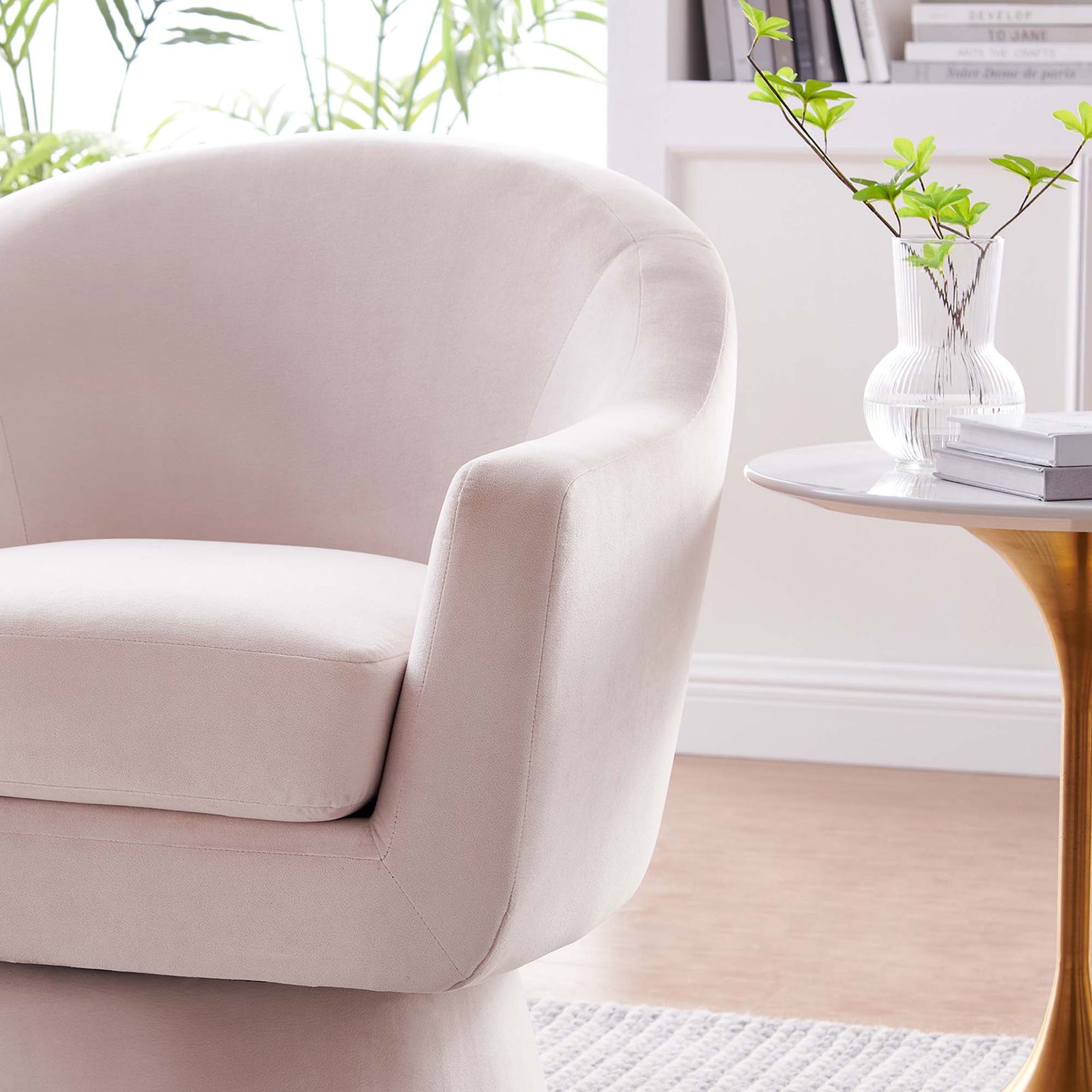 Luxe pink velvet and tailored curves bring soft texture and modern elegance to your seating area || EEI-6360-PNK || detail_room