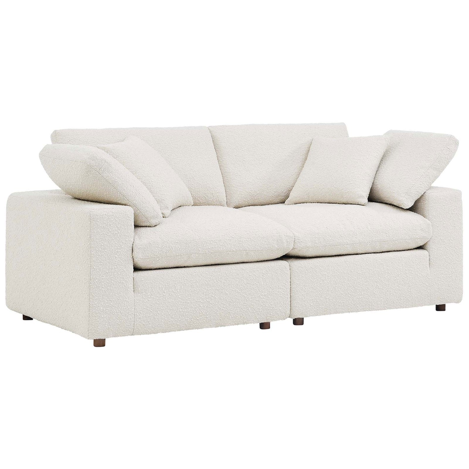 Ivory boucle loveseat with deep seat cushions and plush, overstuffed back pillows for relaxed lounging || EEI-6361-IVO || front_angle_studio