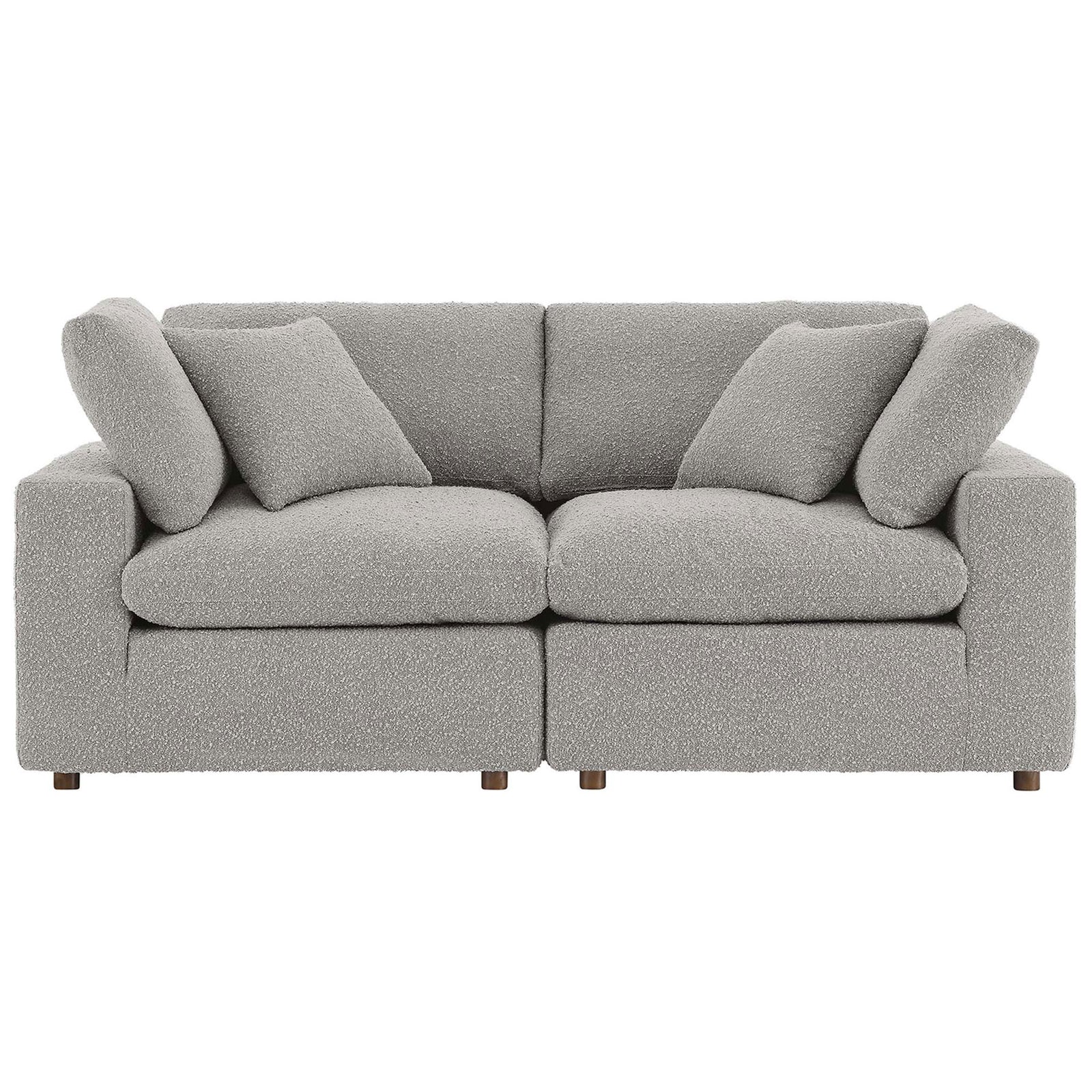 Modern light gray boucle loveseat with overstuffed down cushions and two matching throw pillows || EEI-6361-LGR || front_studio