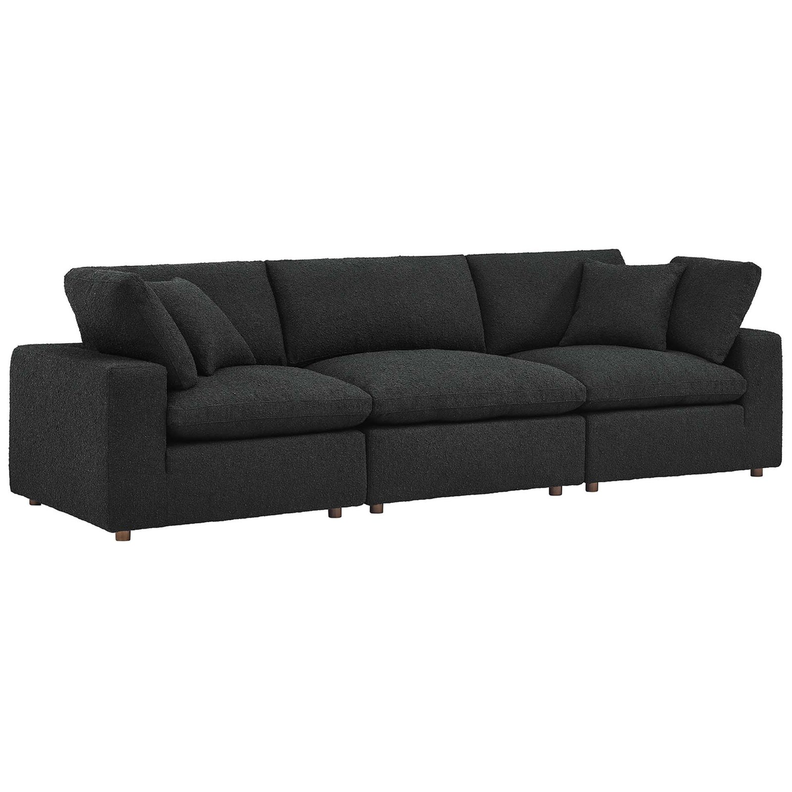 Spacious black boucle three seat sofa with overstuffed down cushions and clean modern lines || EEI-6362-BLK || front_angle_studio