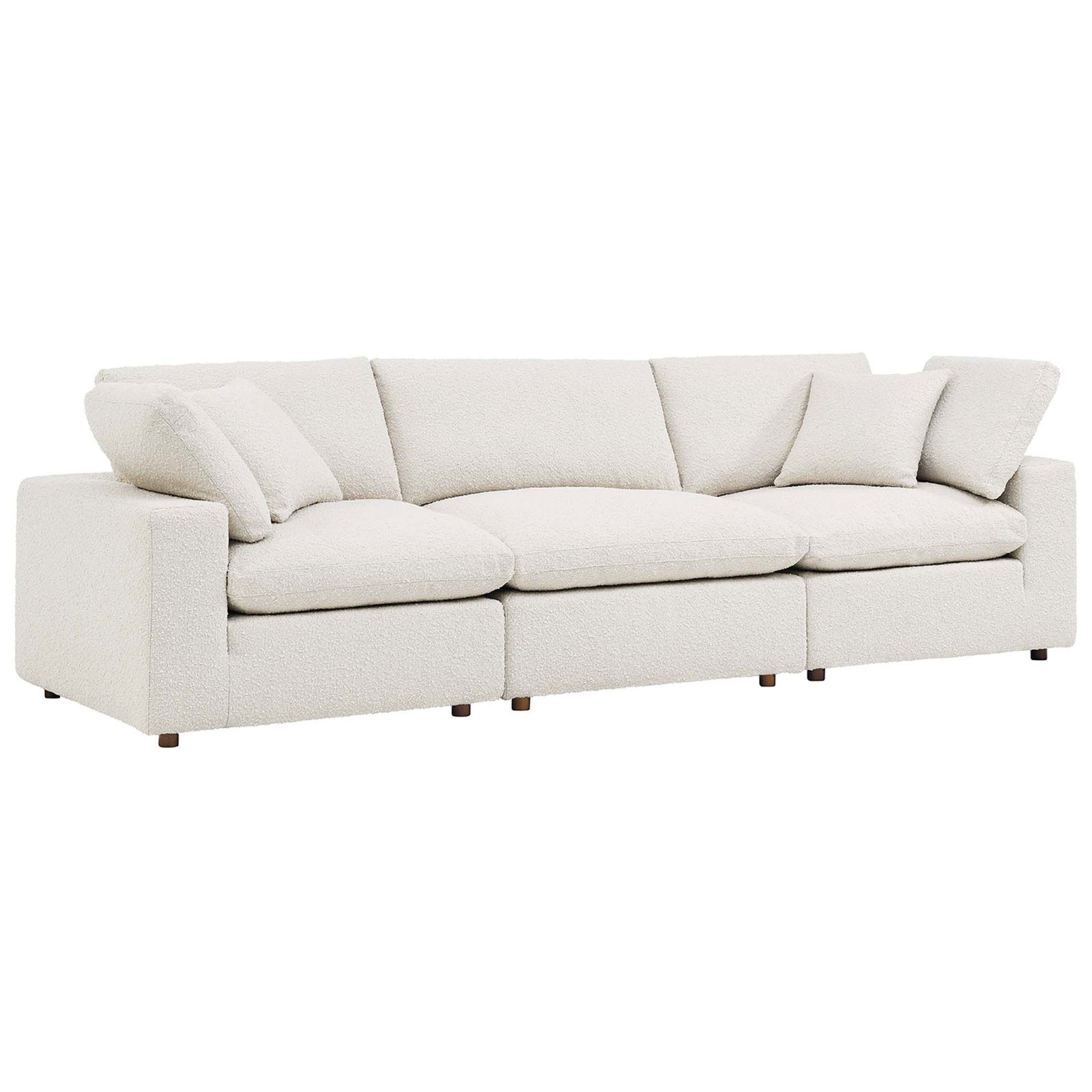 Ivory boucle 3-seater sofa with plush overstuffed cushions and low wide arms for relaxed lounging || EEI-6362-IVO || front_angle_studio