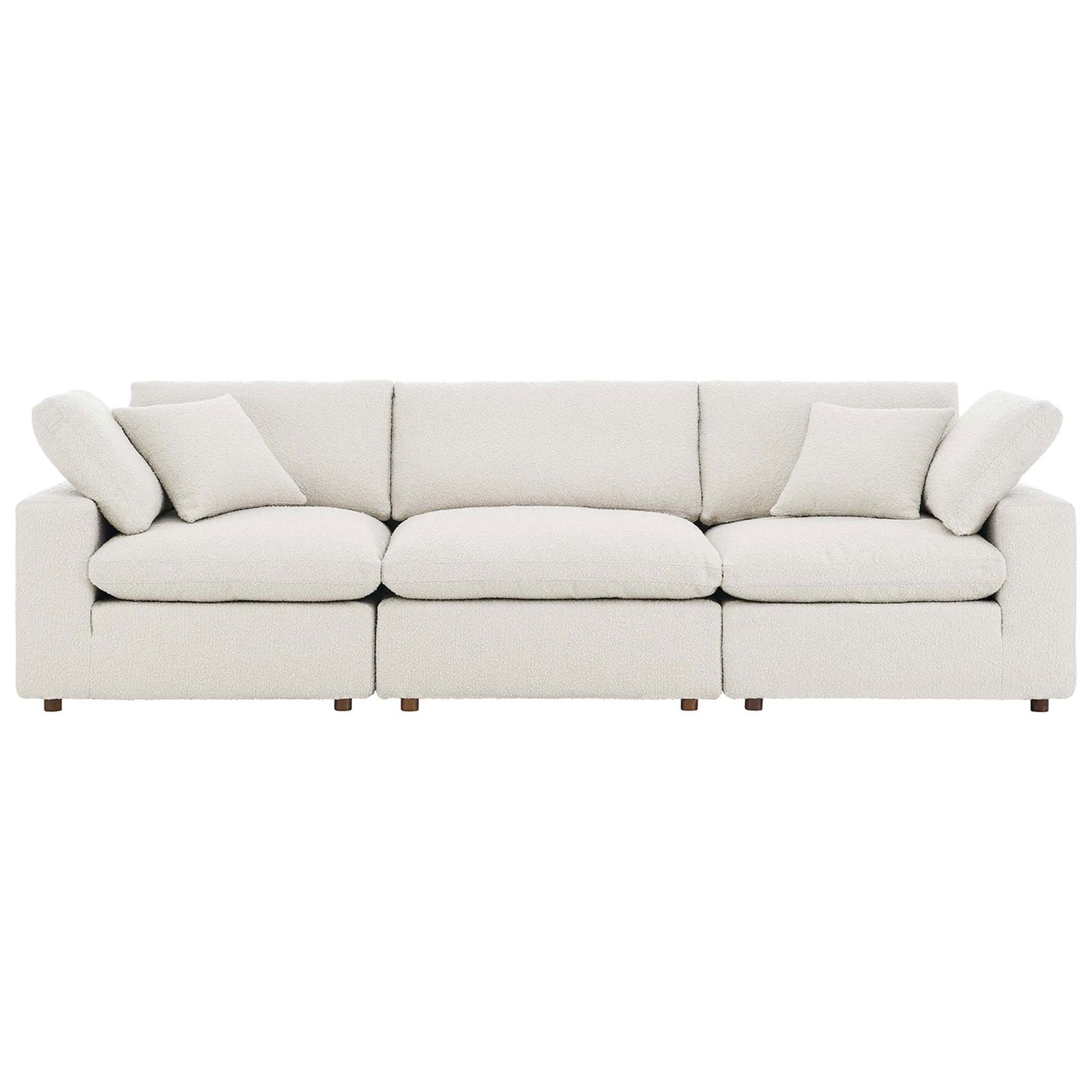 Modern ivory boucle 3-seater sofa with generous seats and supportive back pillows for everyday comfort || EEI-6362-IVO || front_studio