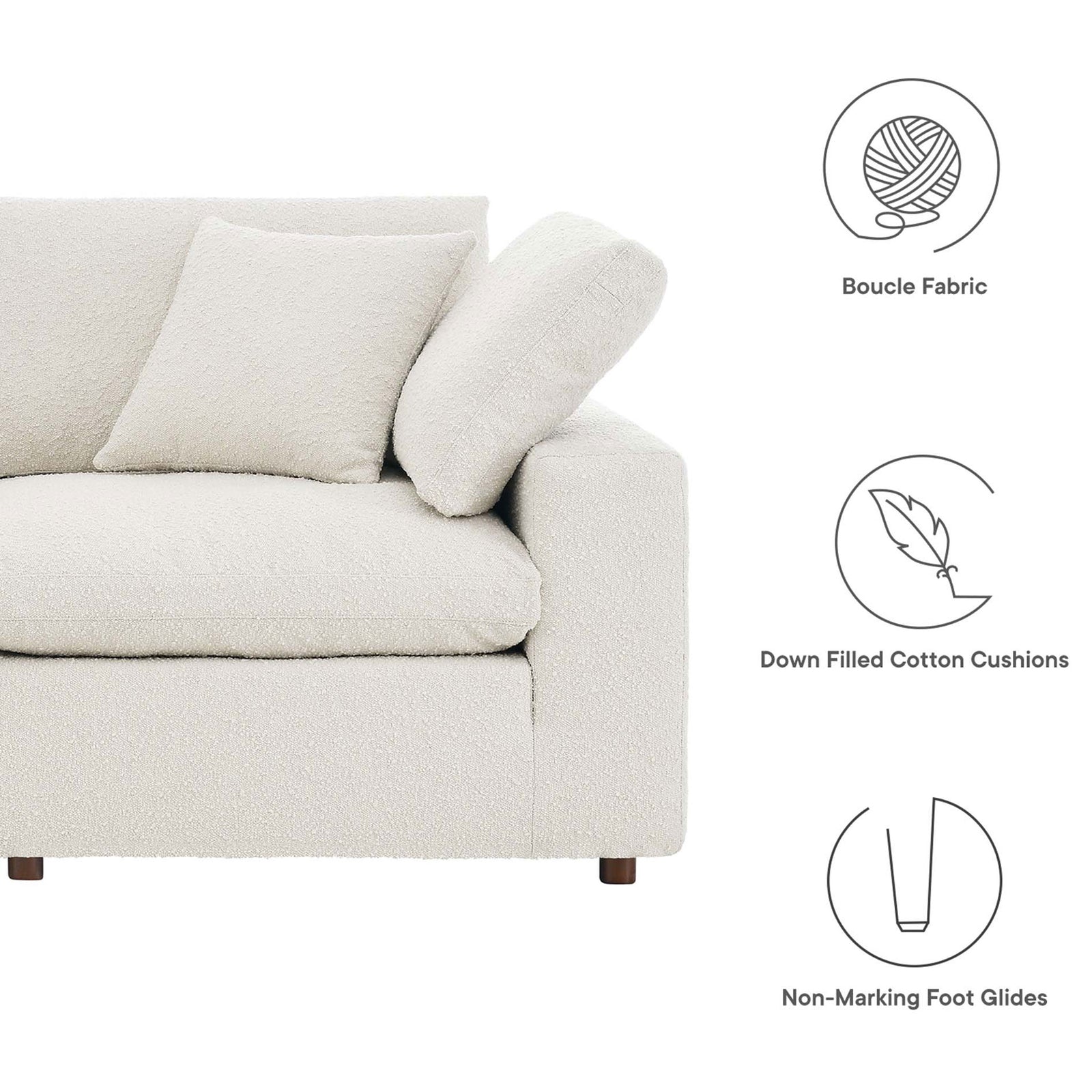 Ivory boucle sofa corner highlighting plush cushions, soft fabric, and non-marking foot glides || EEI-6362-IVO || callout_studio
