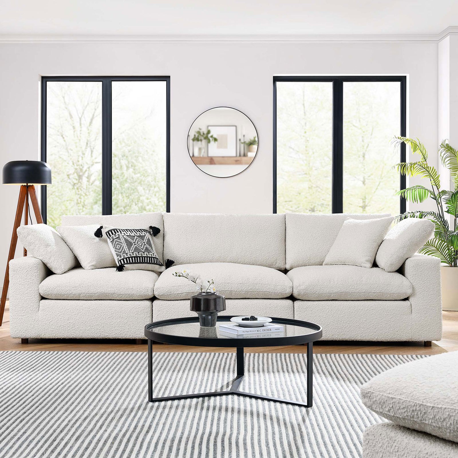 Ivory boucle 3-seater sofa styled in a modern living room with accent pillows and greenery || EEI-6362-IVO || front_room
