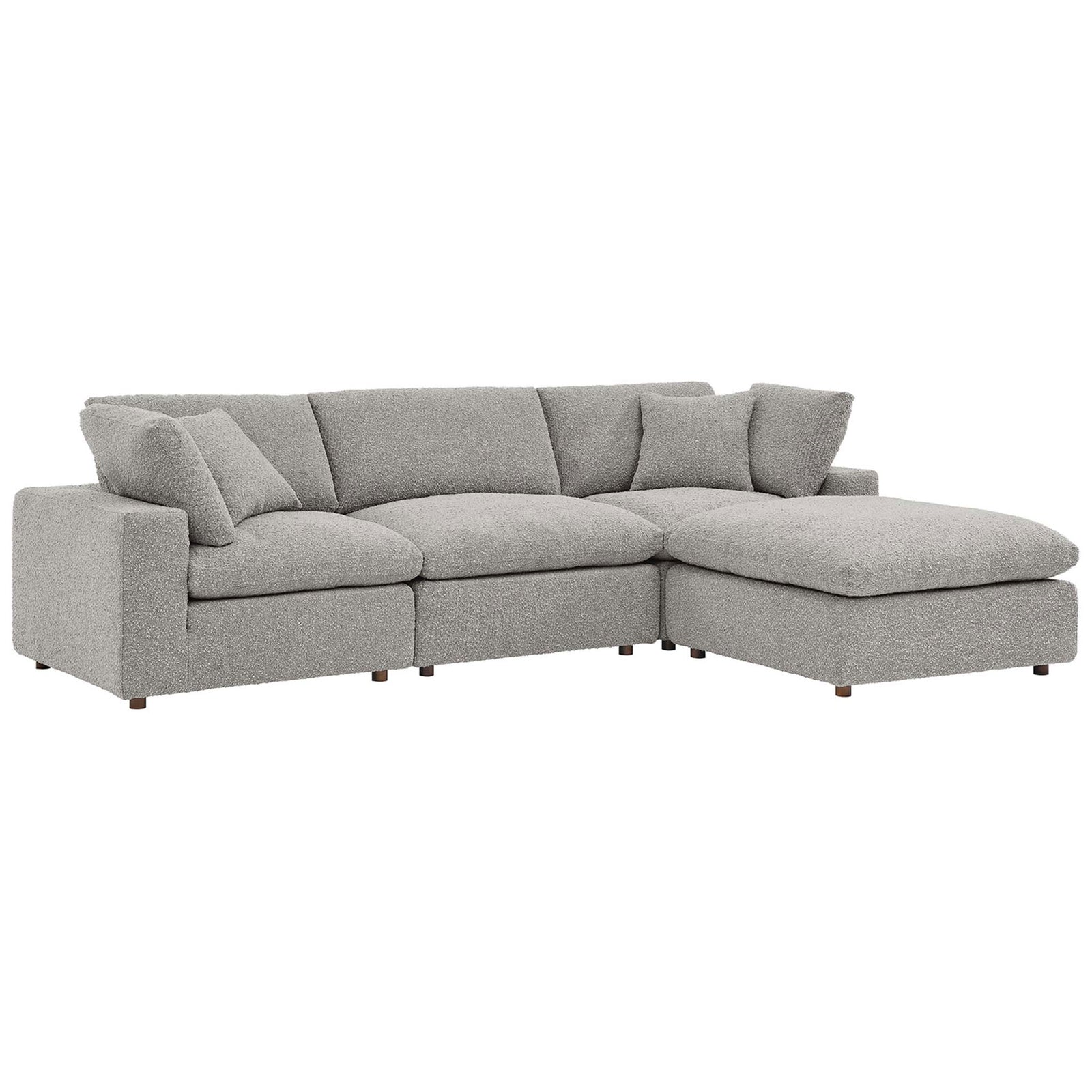 Light gray boucle sectional with right chaise and overstuffed down cushions for relaxed lounging || EEI-6363-LGR || front_angle_studio