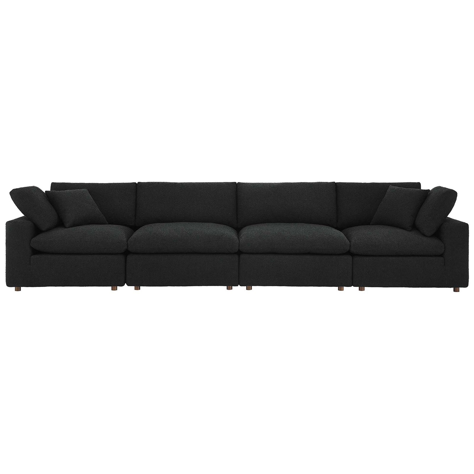 Low profile black boucle 4-seat sofa with plush overstuffed cushions and deep, inviting seating || EEI-6364-BLK || front_studio