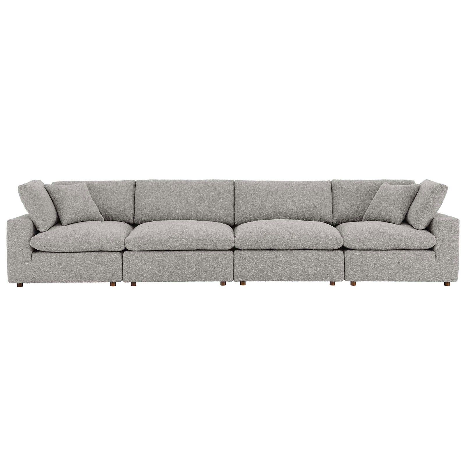 Front view of light gray boucle 4-seater sofa showcasing generous seat depth and supportive back cushions || EEI-6364-LGR || front_studio