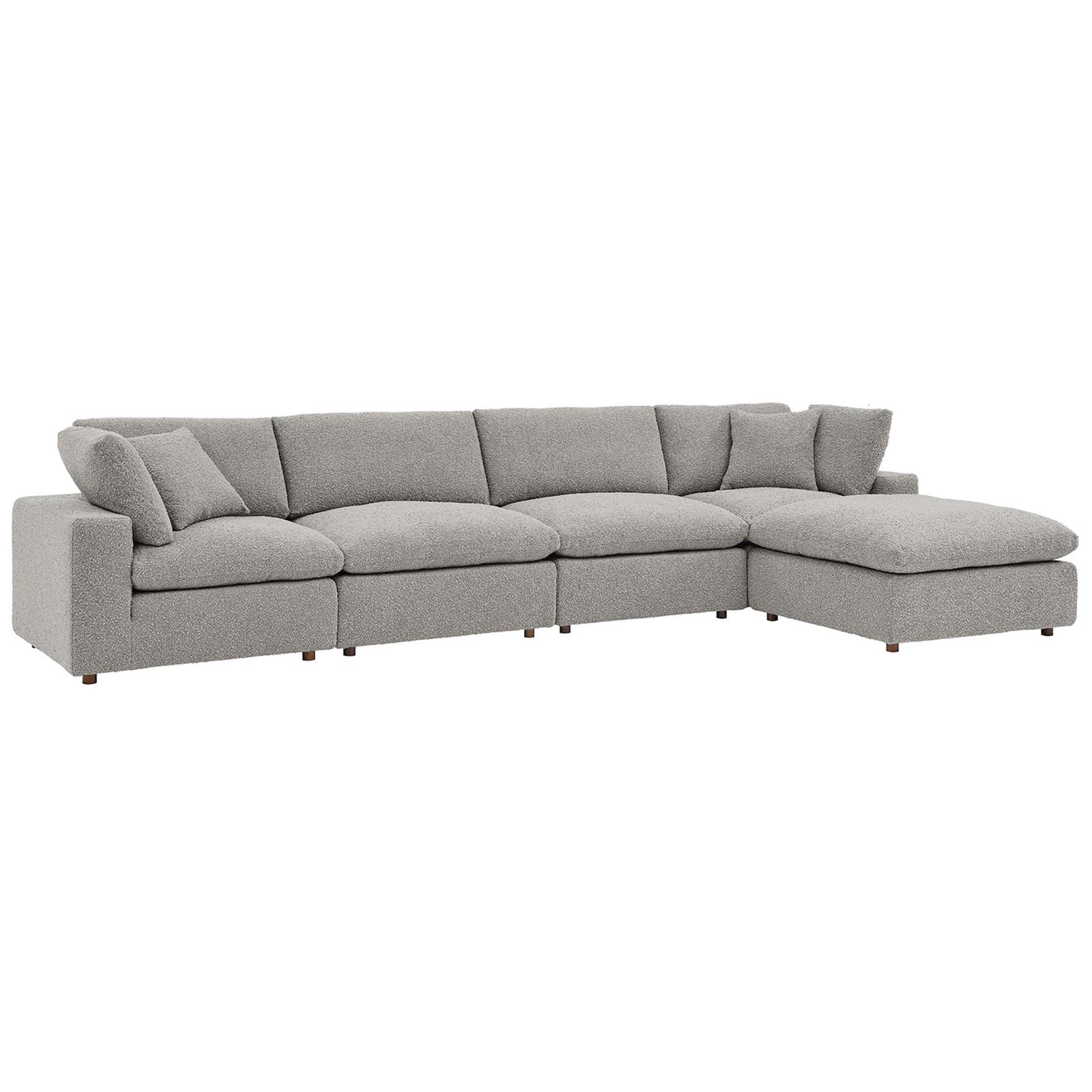Light gray boucle 5-piece sectional with chaise and plush down-filled cushions for lounging. || EEI-6365-LGR || front_angle_studio