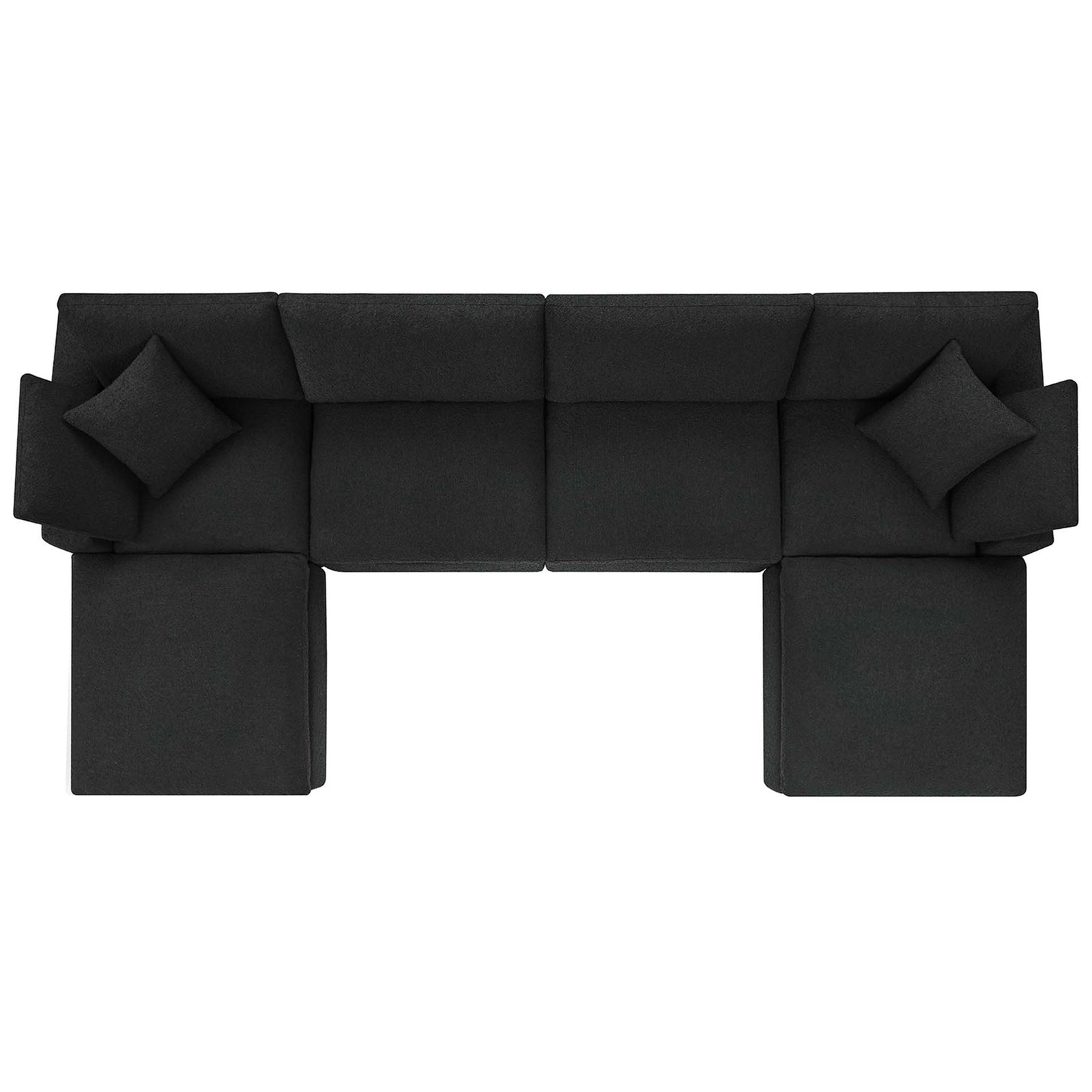 Spacious black Commix sectional in boucle fabric with generous seat cushions and chaise-style ends || EEI-6366-BLK || top_studio