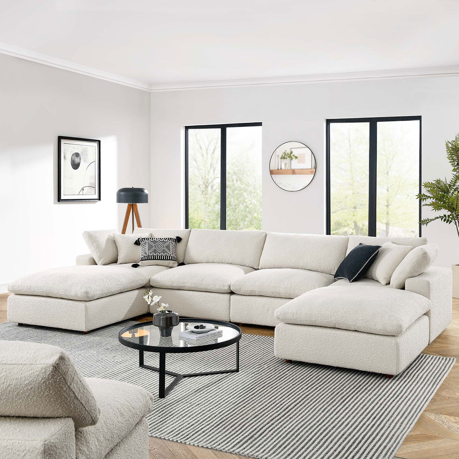 Ivory Commix sectional sofa styled in a bright living room with boucle texture and deep cushioned seats || EEI-6366-IVO || front_angle_room