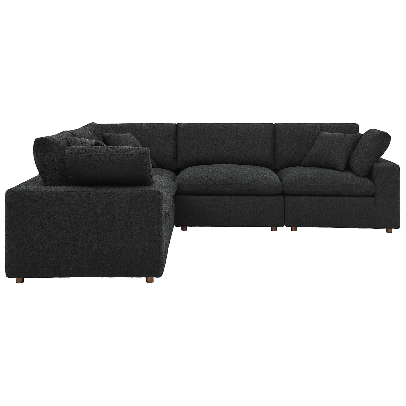 Spacious black boucle sectional with generous seating, wide track arms, and plush back cushions for relaxed lounging || EEI-6368-BLK || side_studio
