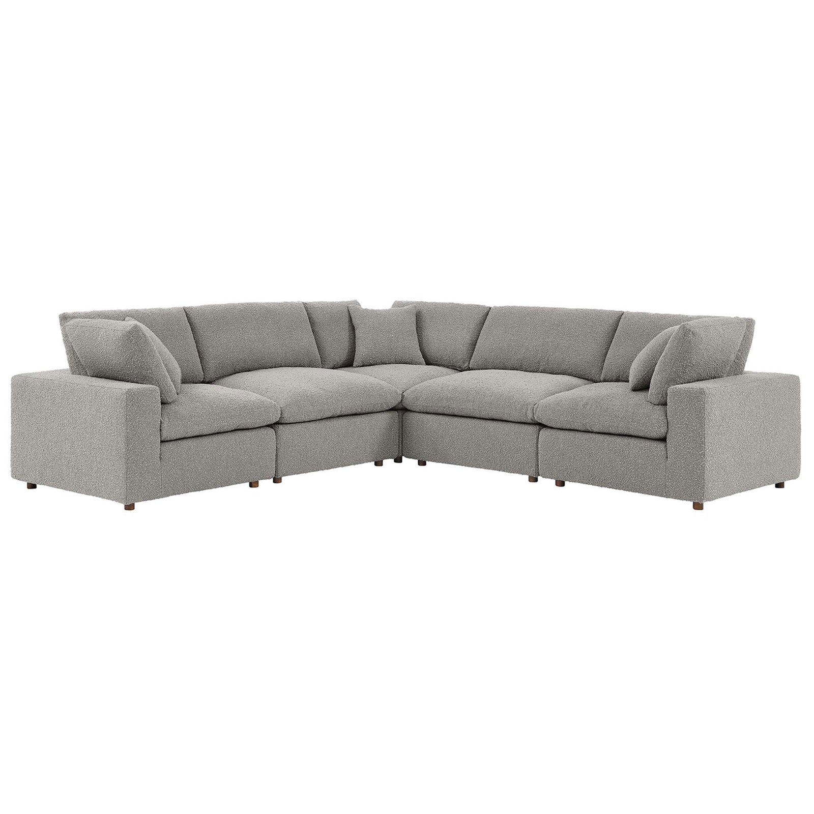 Light gray boucle sectional with deep seats and overstuffed down cushions for relaxed lounging || EEI-6368-LGR || front_angle_studio
