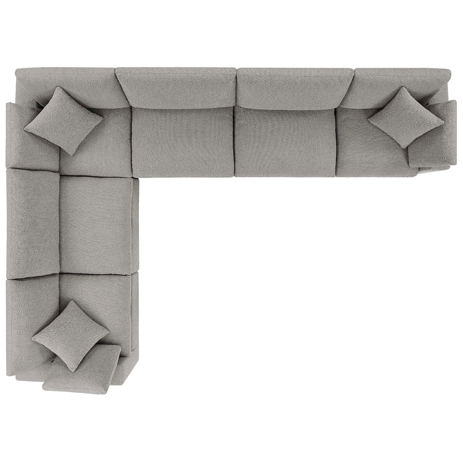 Top view of the light gray modular boucle sectional showing generous seating and plush back cushions || EEI-6369-LGR || top_studio