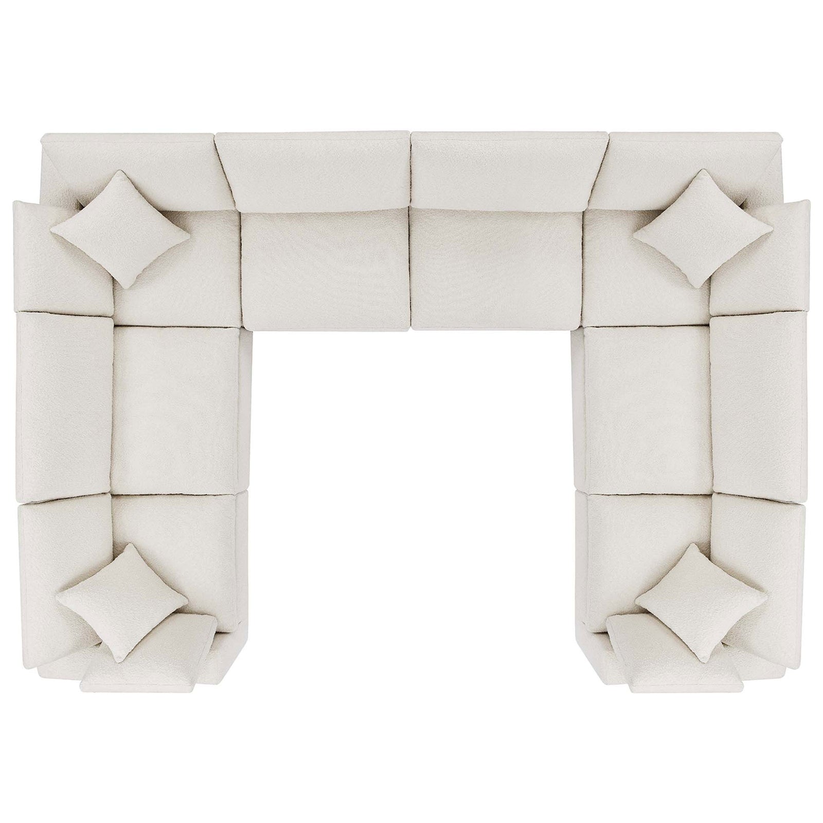 Modular ivory boucle sectional forms a generous U shape with plush cushions and matching throw pillows || EEI-6371-IVO || top_studio